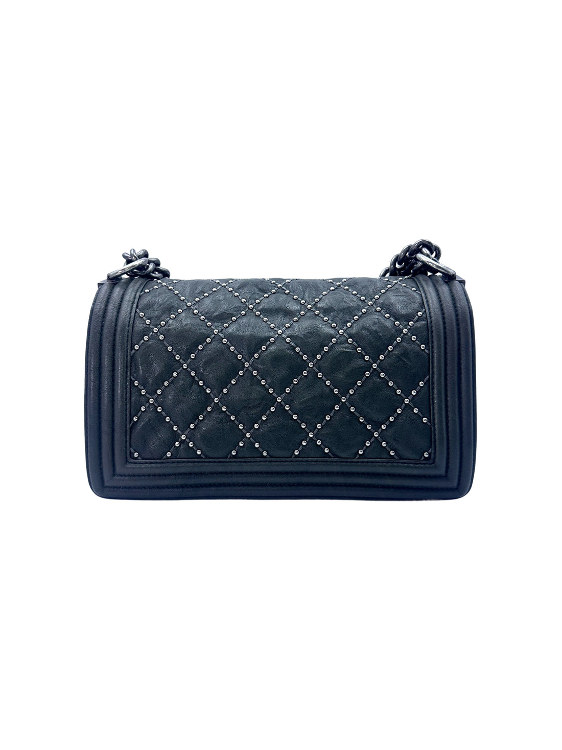 Chanel LeBoy Gray Quilted Studded Leather Flap Bag With Silver Buckle(21***88) CC1516