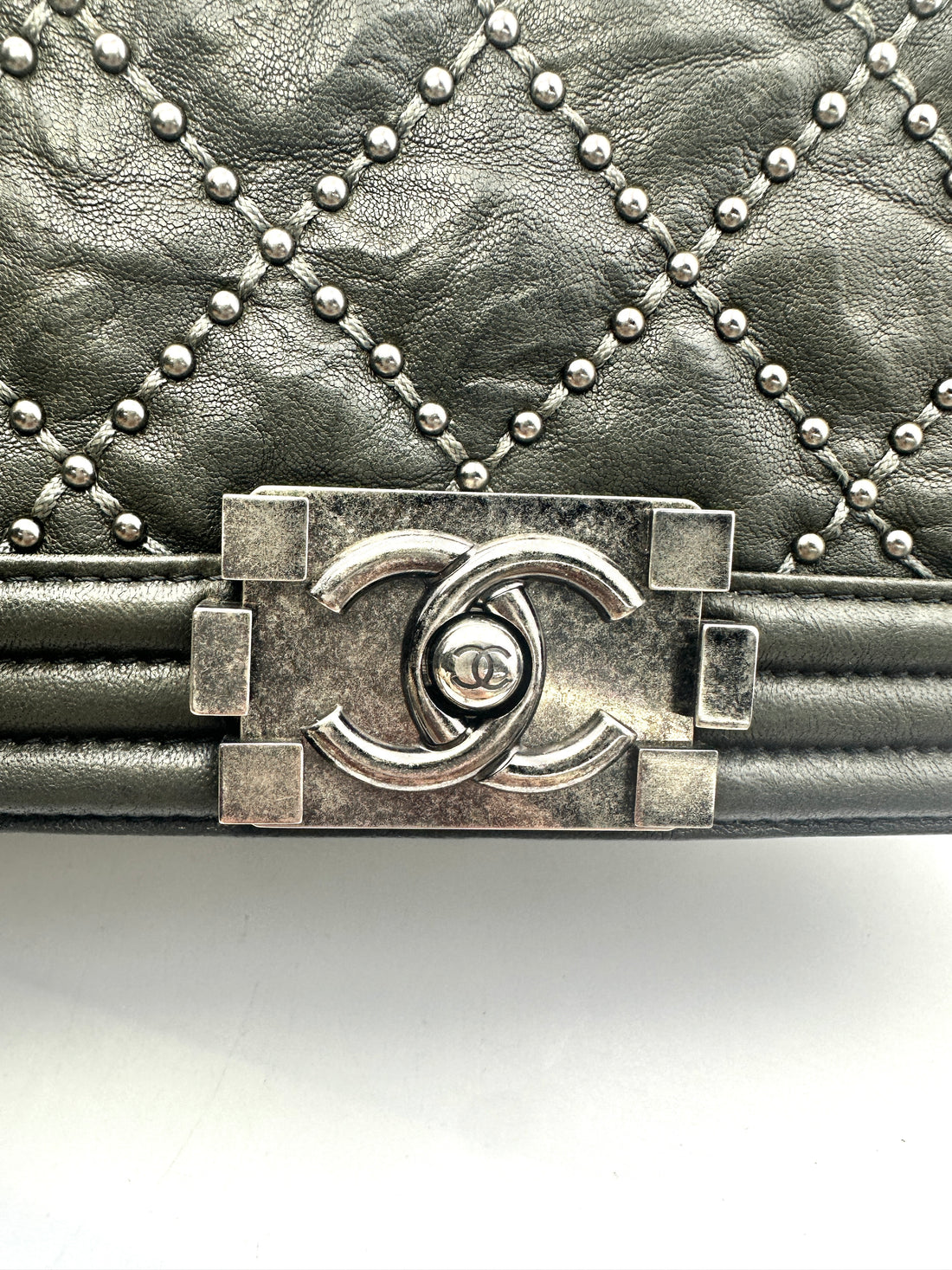 Chanel LeBoy Gray Quilted Studded Leather Flap Bag With Silver Buckle(21***88) CC1516