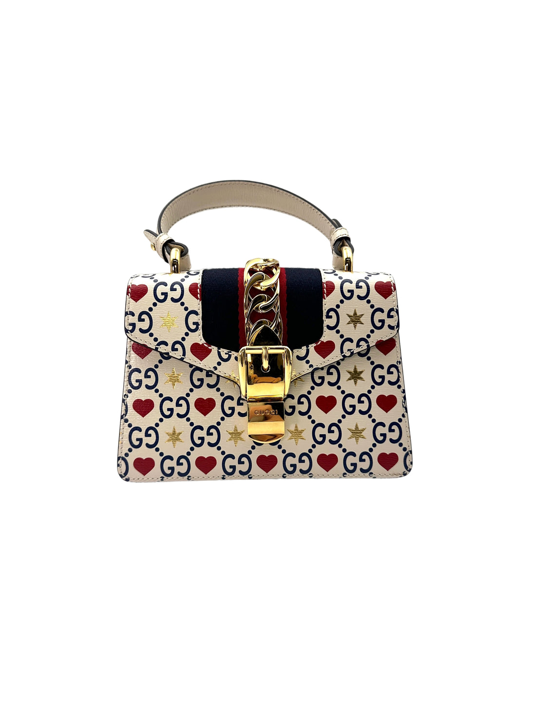 Gucci Sylvie Valentine's Day Limited Edition Hearts And Stars Print Leather Small Size Handle Bag GG755