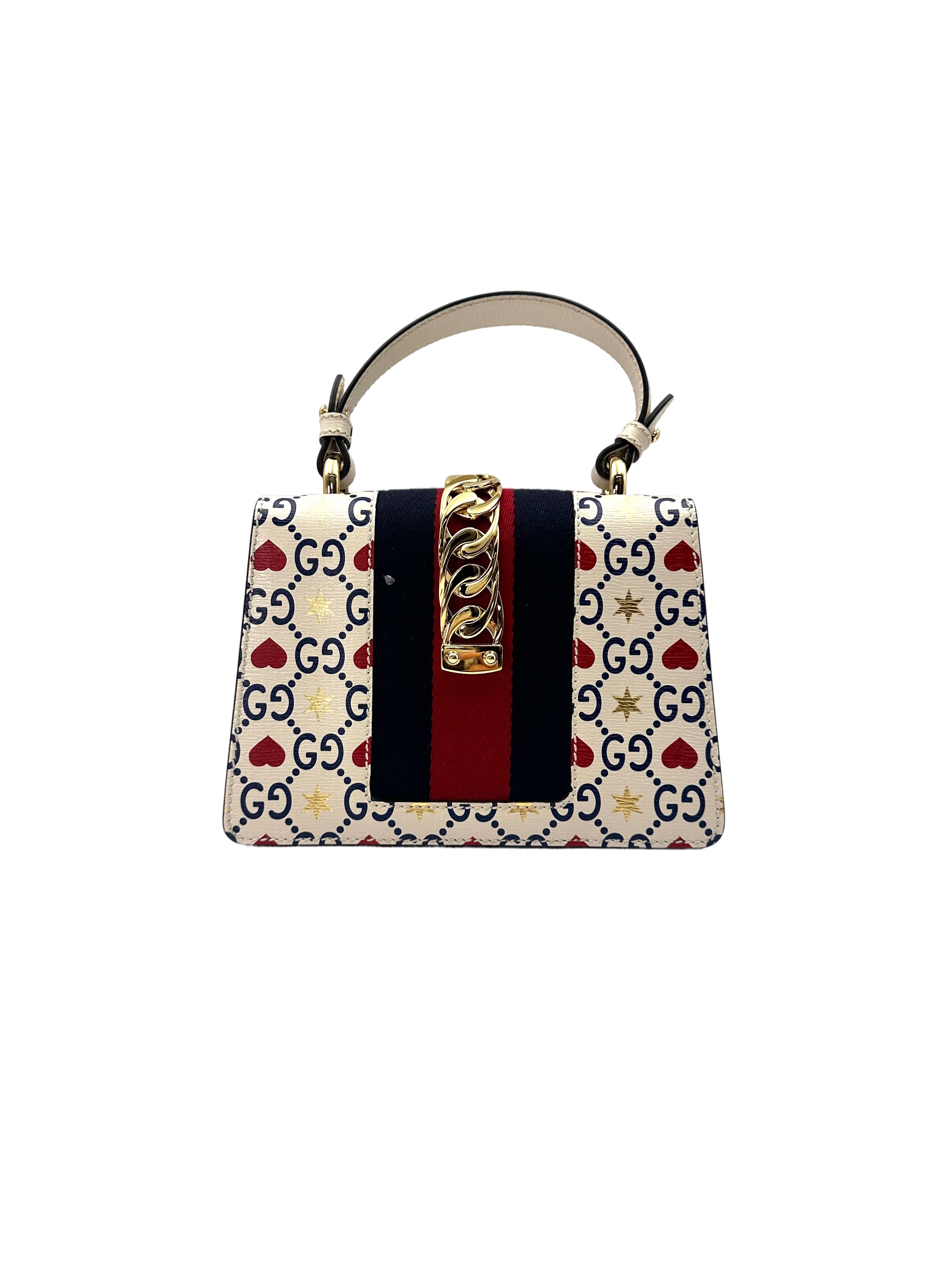 Gucci Sylvie Valentine's Day Limited Edition Hearts And Stars Print Leather Small Size Handle Bag GG755