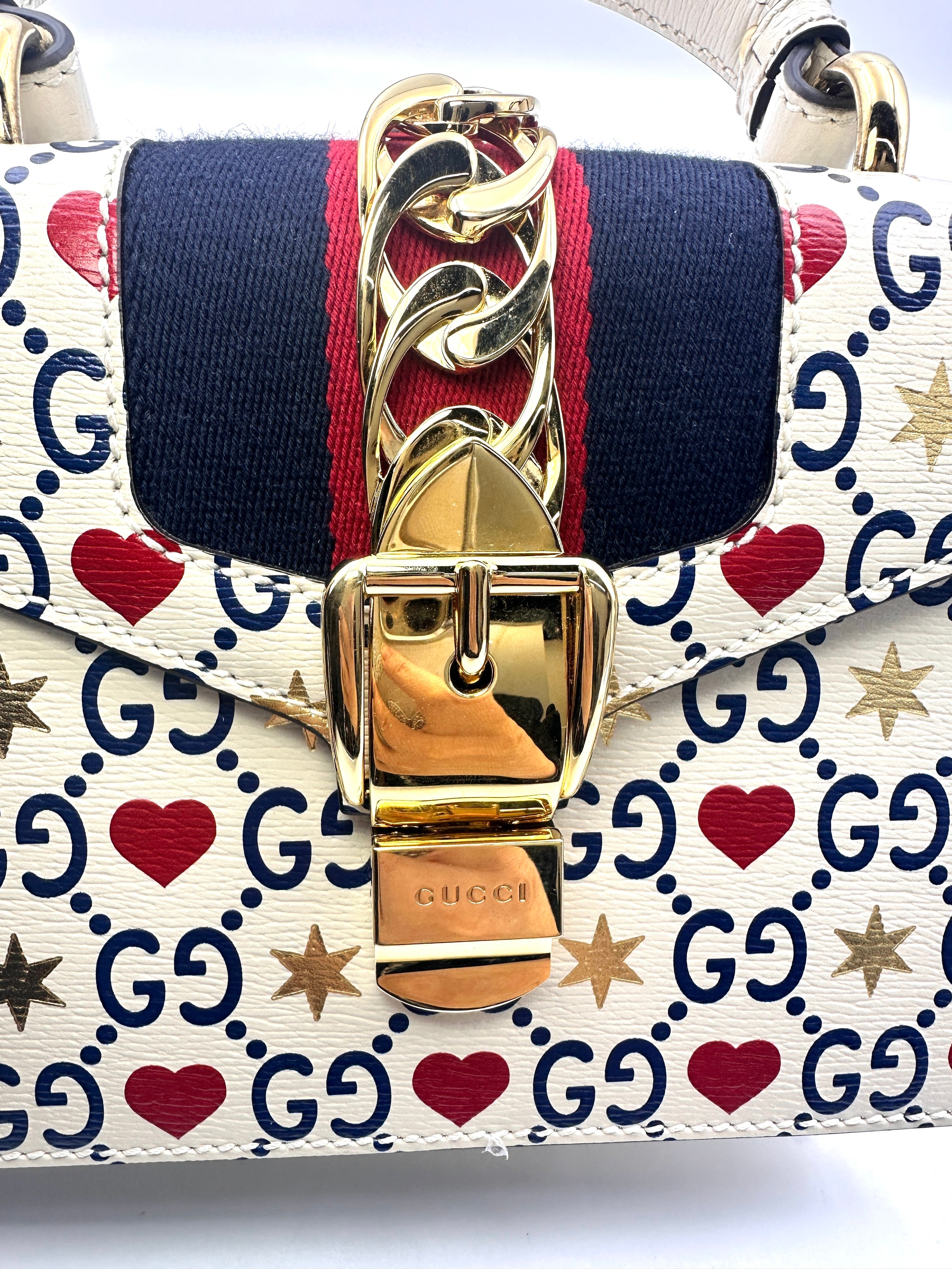 Gucci Sylvie Valentine's Day Limited Edition Hearts And Stars Print Leather Small Size Handle Bag GG755