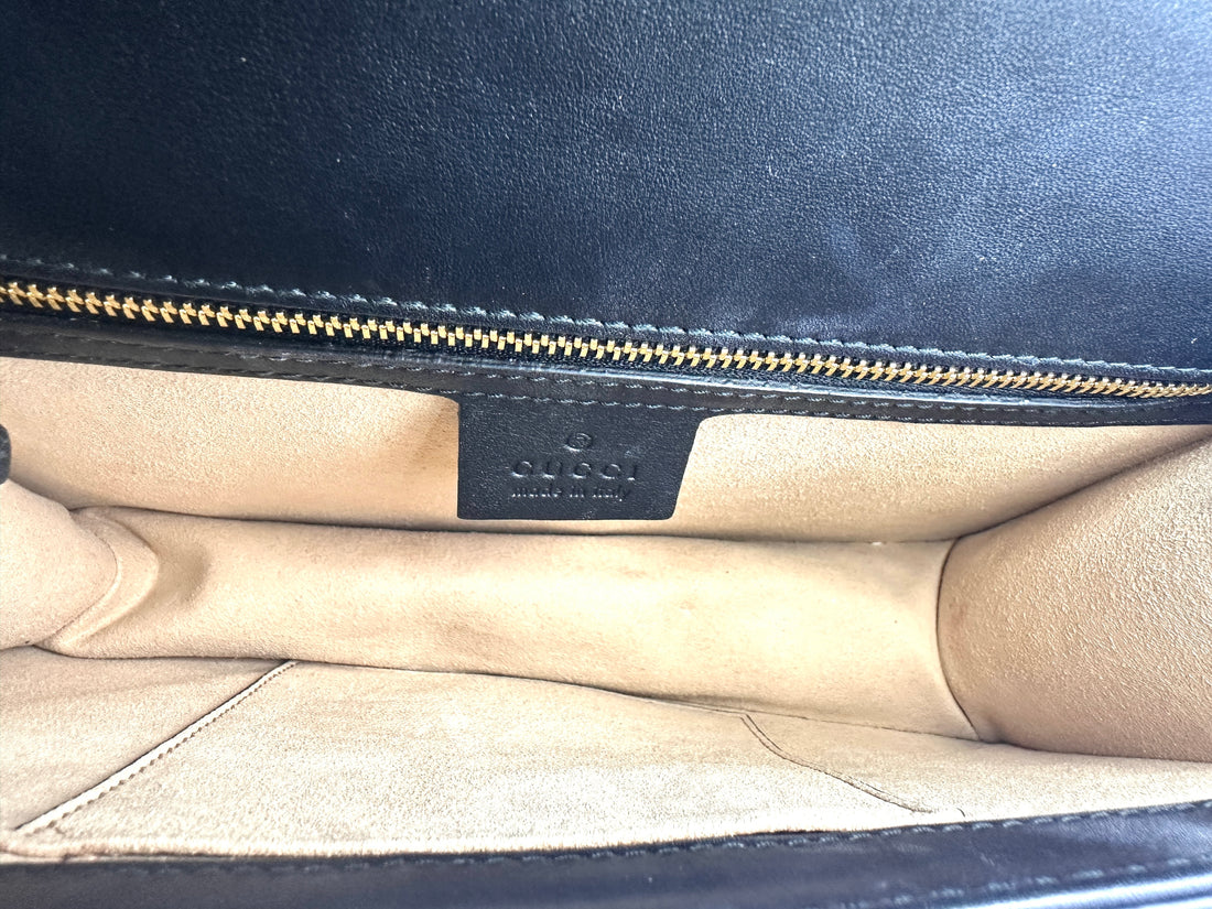 Gucci Sylvie Black Tweed Leather Medium Size Handle Bag GG760