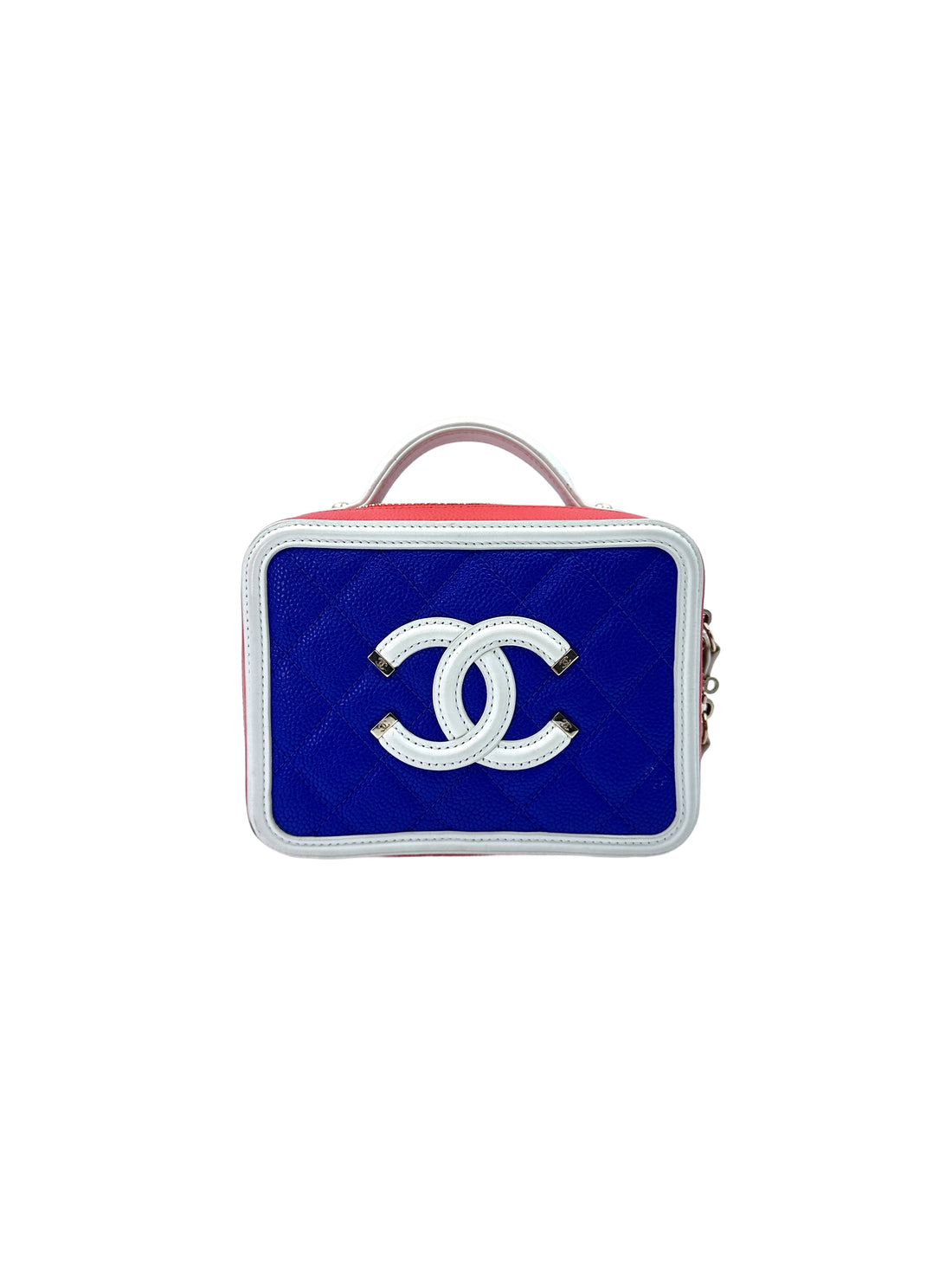 Chanel CC Filigree Blue/White Quilted Leather Top Handle Vanity Case(26***77) CC1534