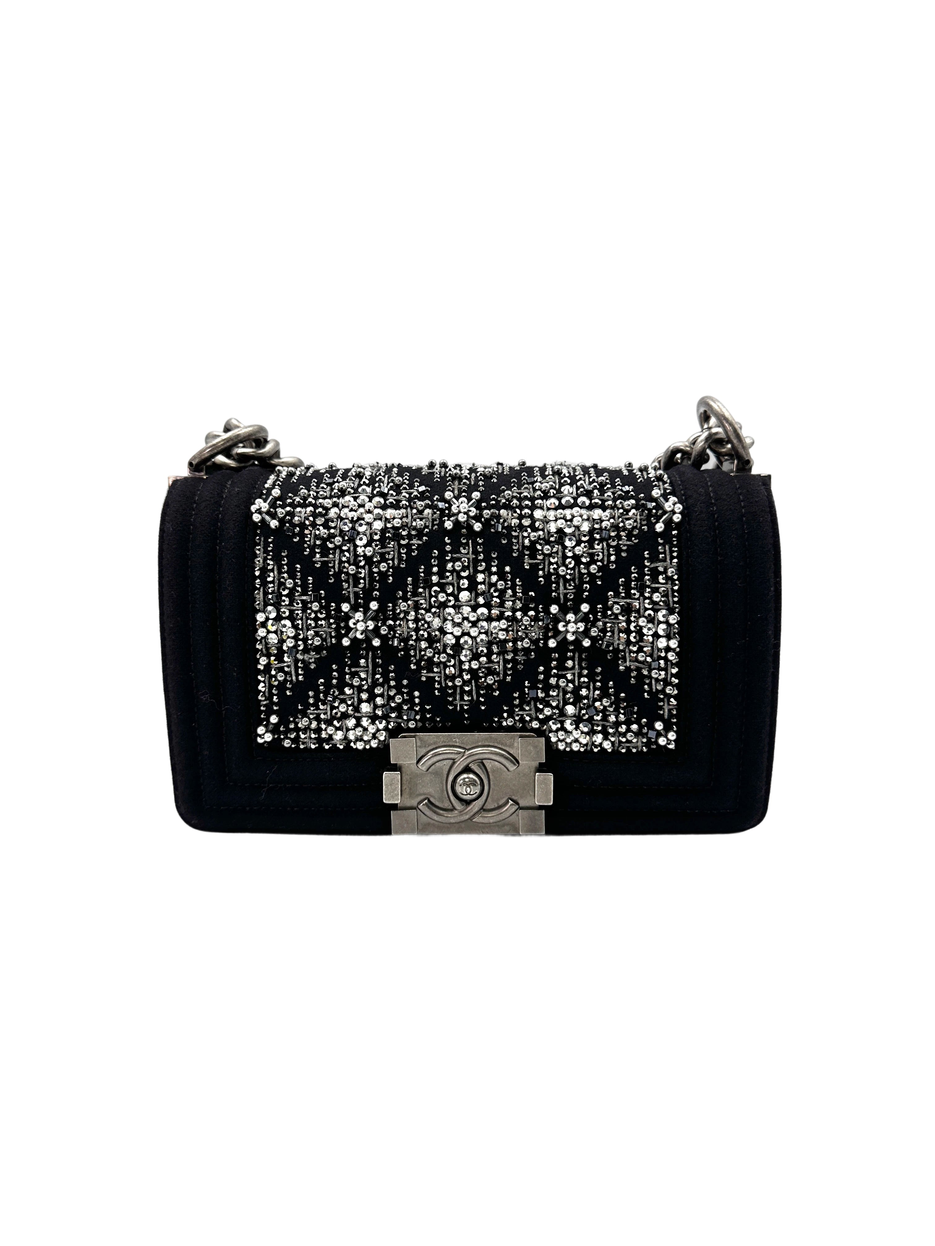 Chanel LeBoy Black Leather & Crystal/Sequin Embellishments Small Size Flap Bag With Silver Buckle(28***31) CC1537