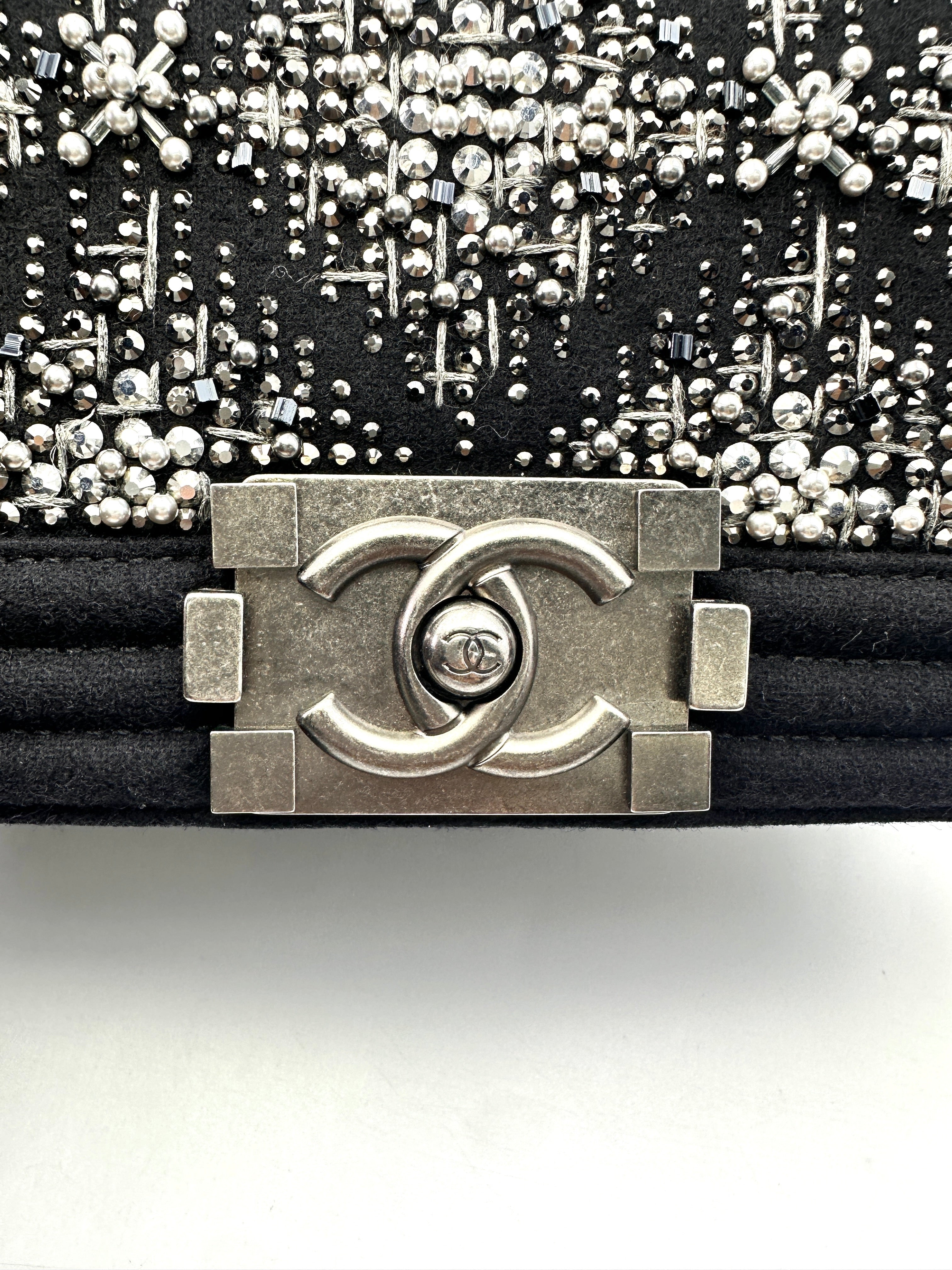 Chanel LeBoy Black Leather & Crystal/Sequin Embellishments Small Size Flap Bag With Silver Buckle(28***31) CC1537