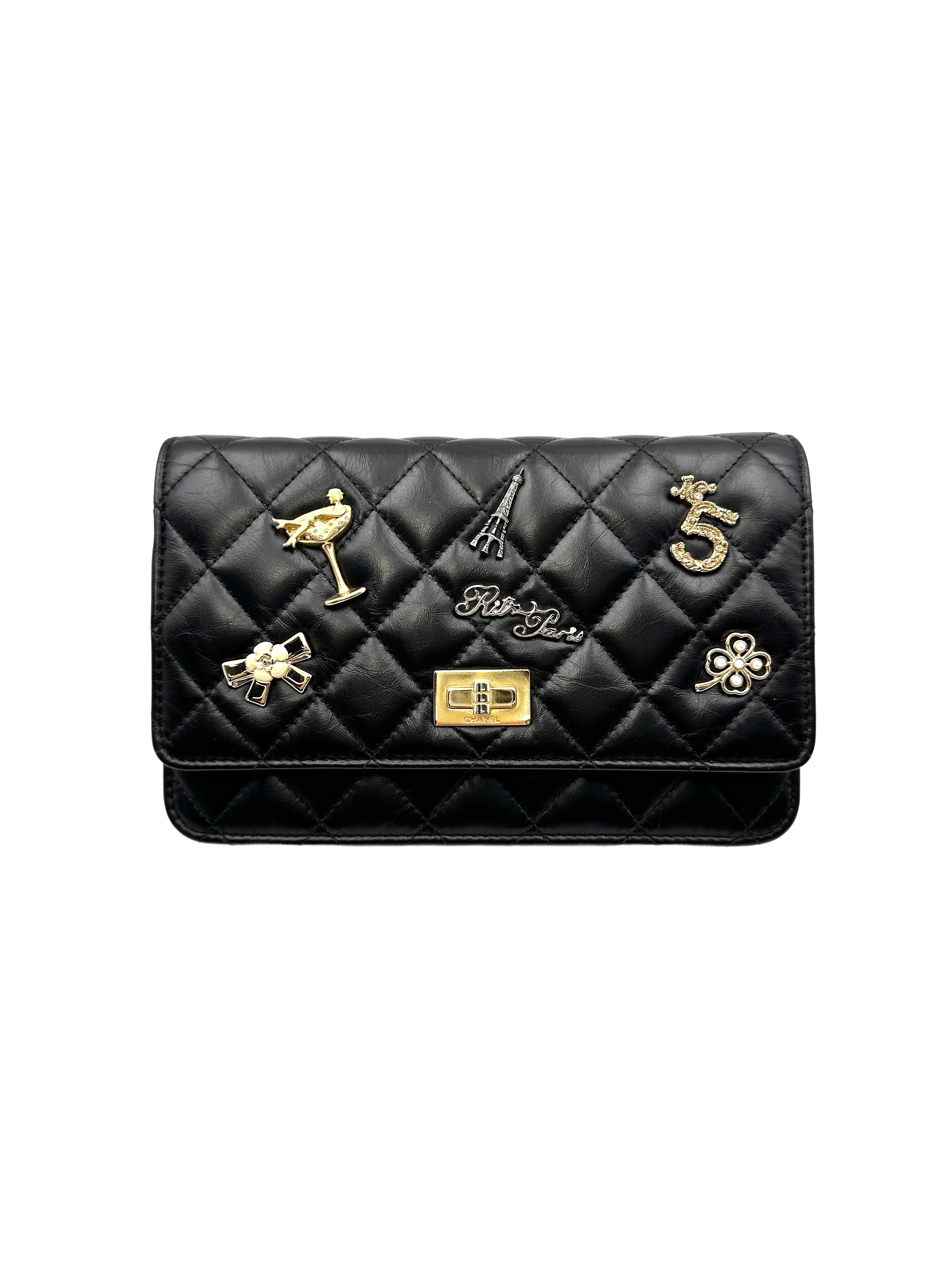 Chanel 2.55 Reissue Lucky Charms Black Quilted Leather Wallet On Chain With Gold Hardware(24***51) IRIS073