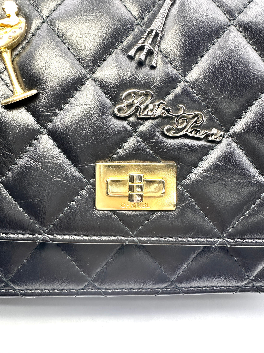 Chanel 2.55 Reissue Lucky Charms Black Quilted Leather Wallet On Chain With Gold Hardware(24***51) IRIS073