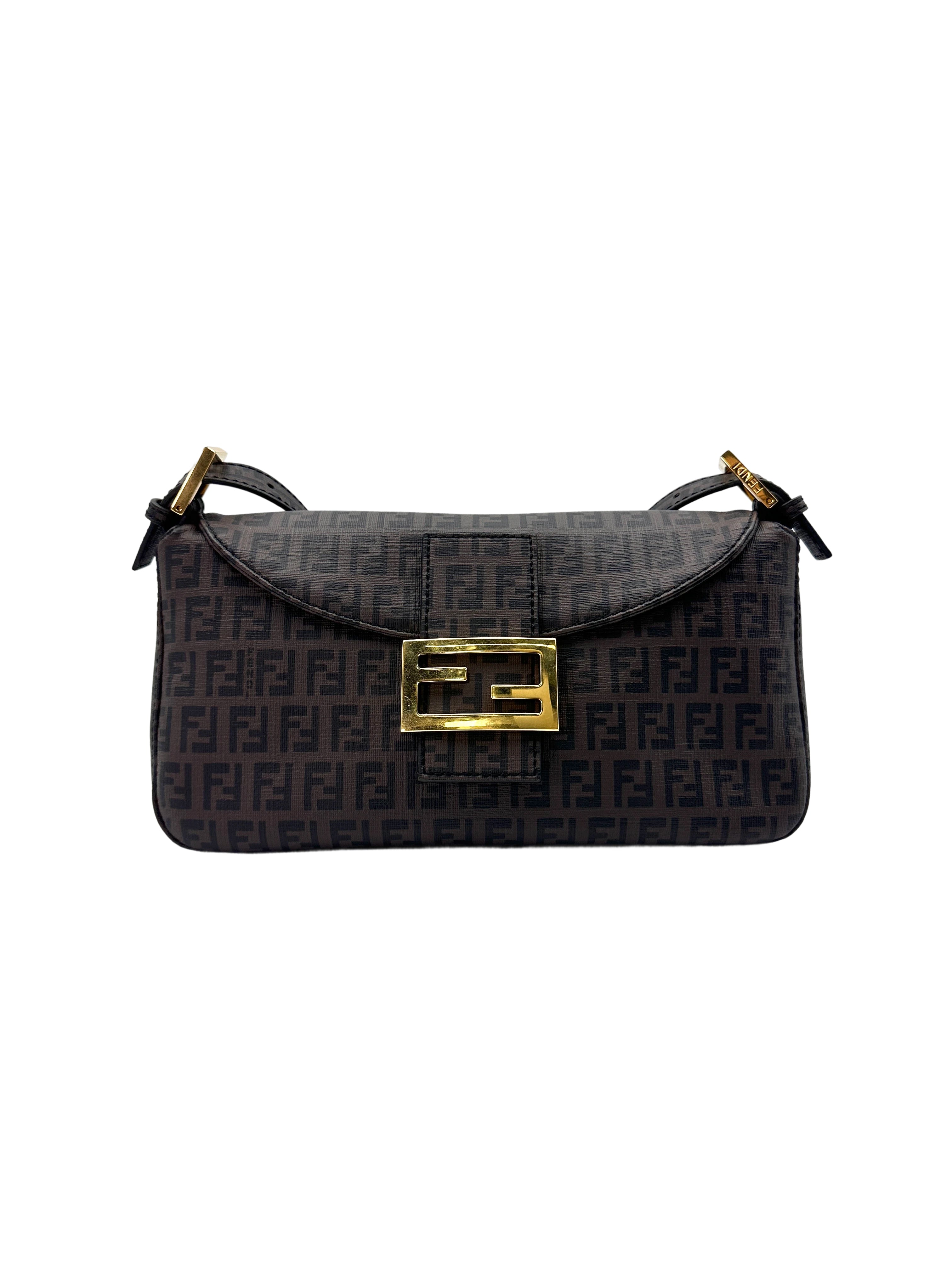 Fendi Baguette Brwon FF Zucchino Monogram Canvas Shoulder Bag FF86