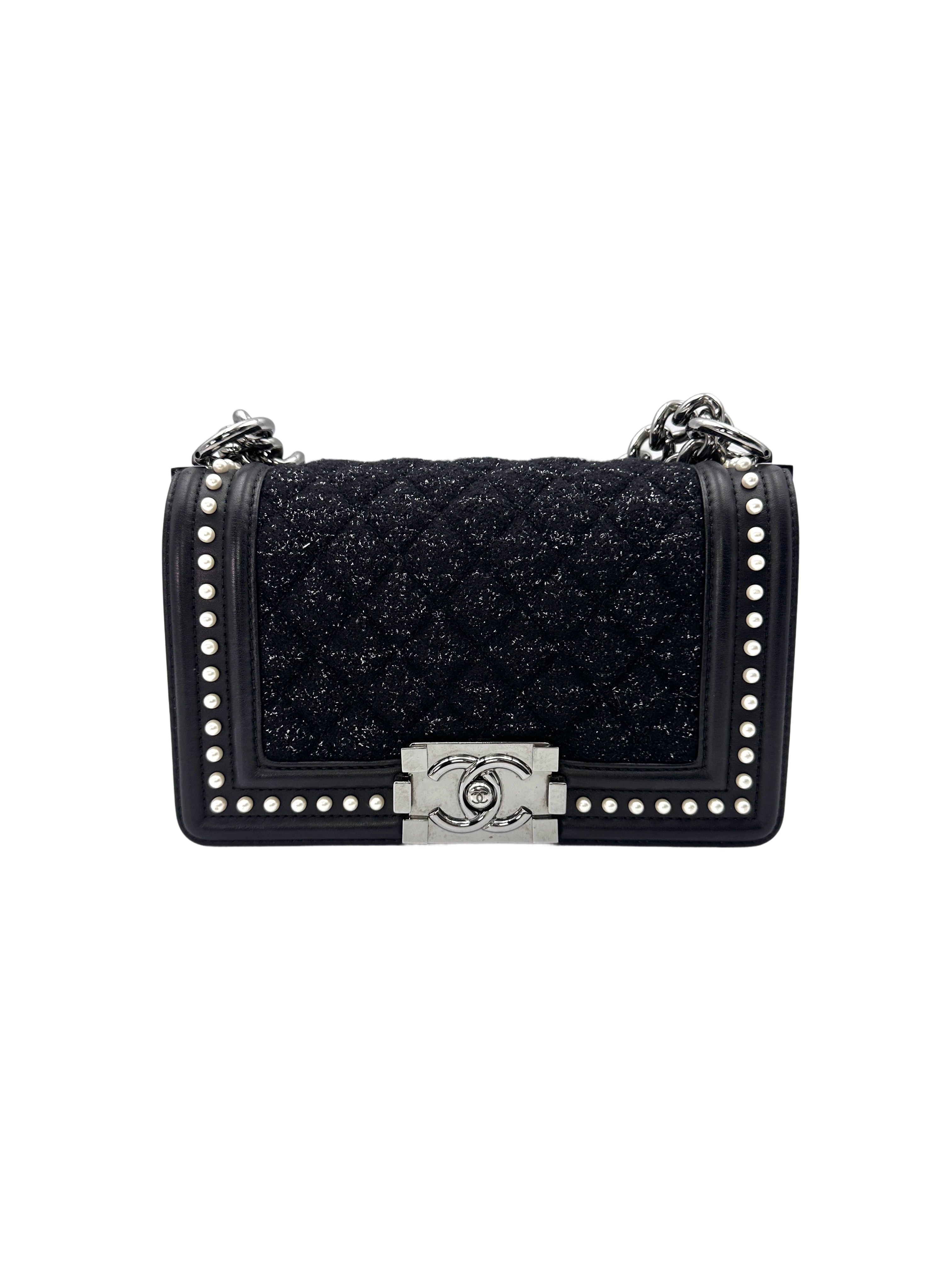 Chanel LeBoy Black Quilted Tweed With Pearl Embellished Leather Flap Bag With Silver Buckle(26***59) CC1541