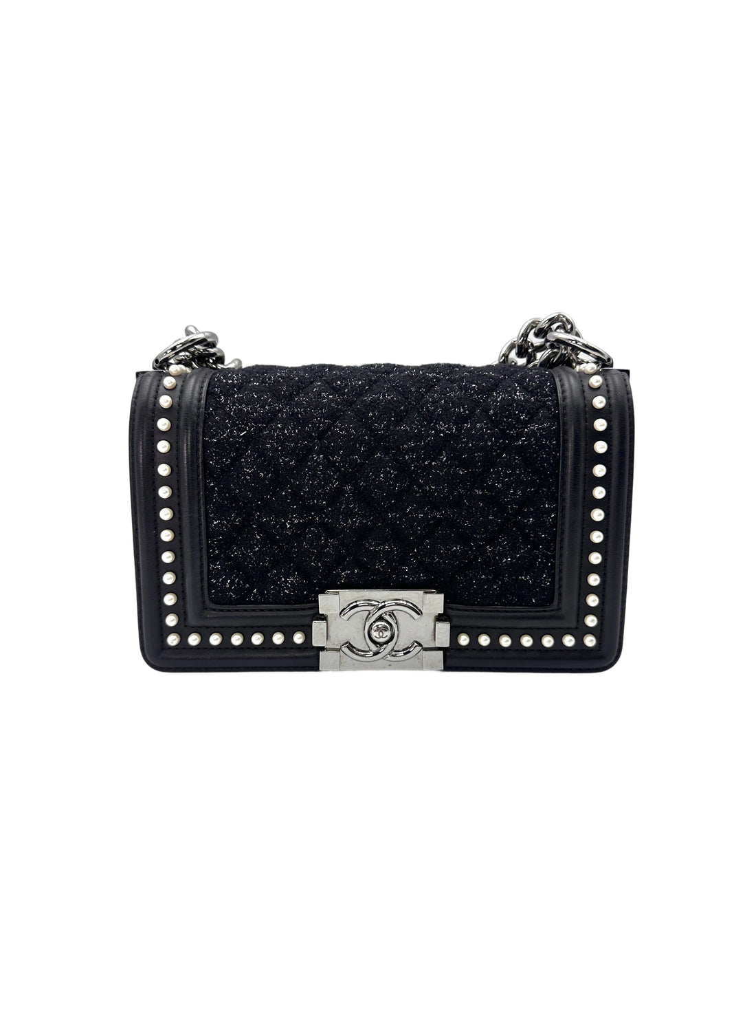 Chanel LeBoy Black Quilted Tweed With Pearl Embellished Leather Flap Bag With Silver Buckle(26***59) CC1541
