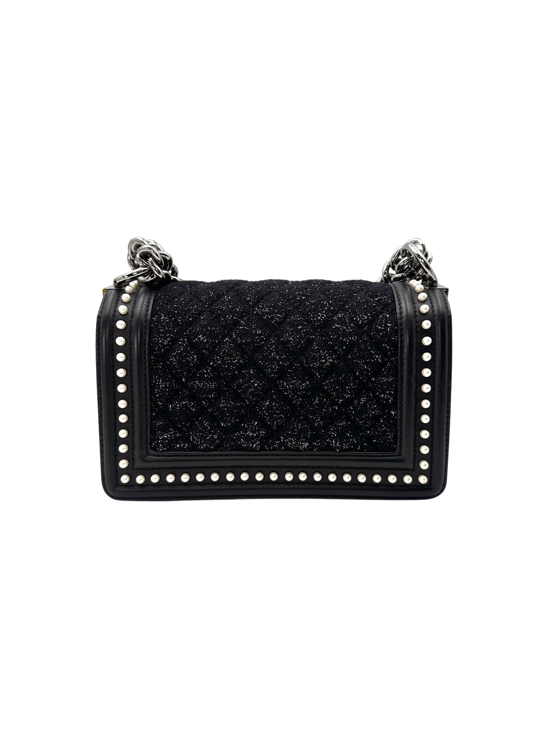 Chanel LeBoy Black Quilted Tweed With Pearl Embellished Leather Flap Bag With Silver Buckle(26***59) CC1541