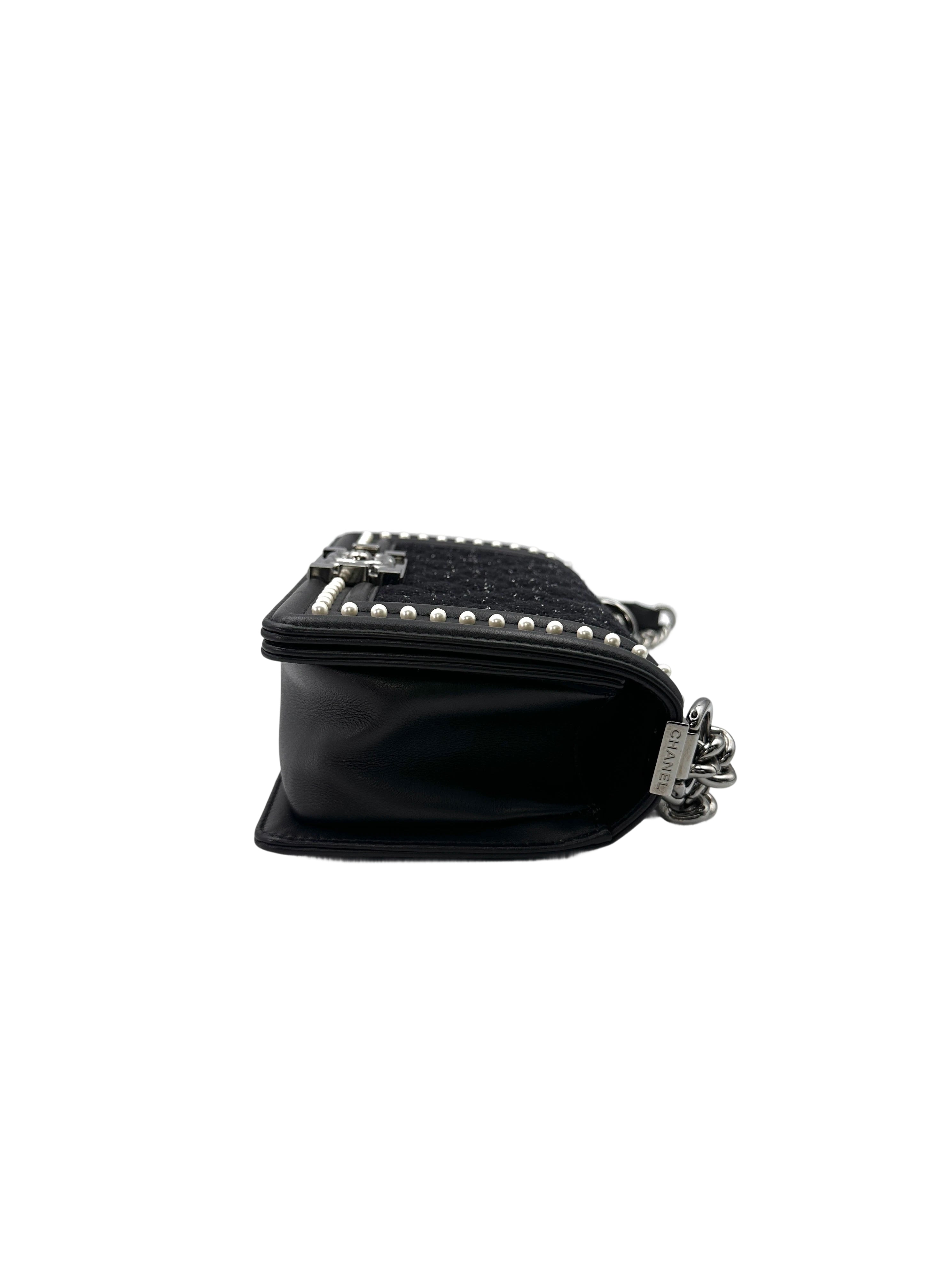 Chanel LeBoy Black Quilted Tweed With Pearl Embellished Leather Flap Bag With Silver Buckle(26***59) CC1541
