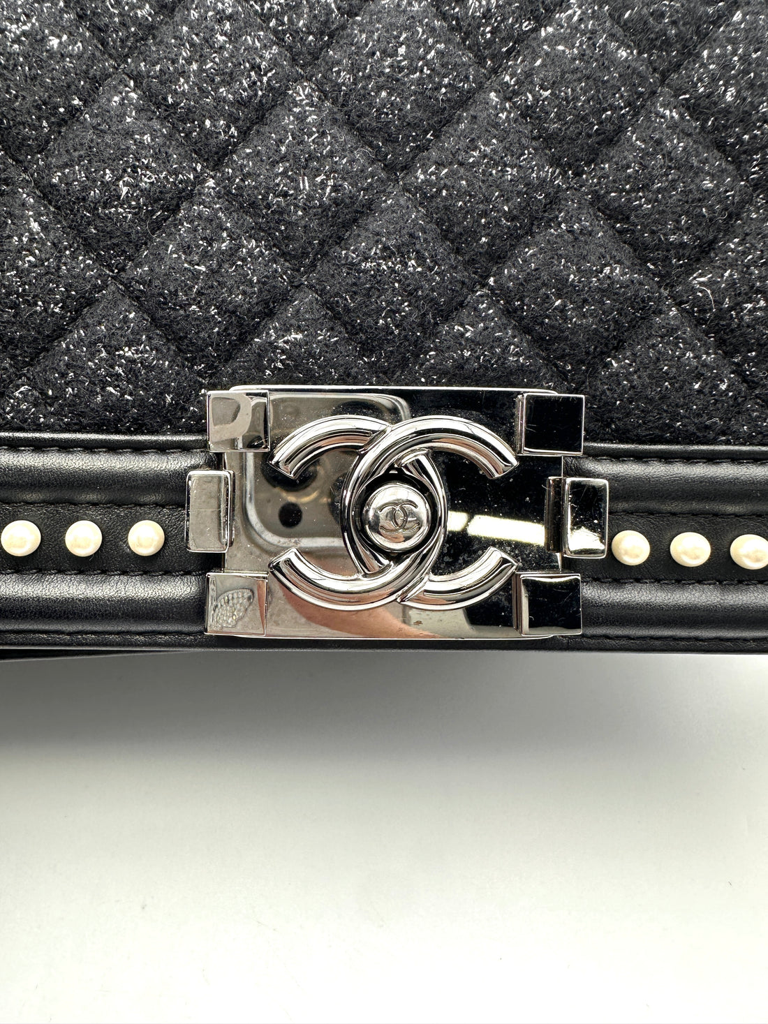 Chanel LeBoy Black Quilted Tweed With Pearl Embellished Leather Flap Bag With Silver Buckle(26***59) CC1541