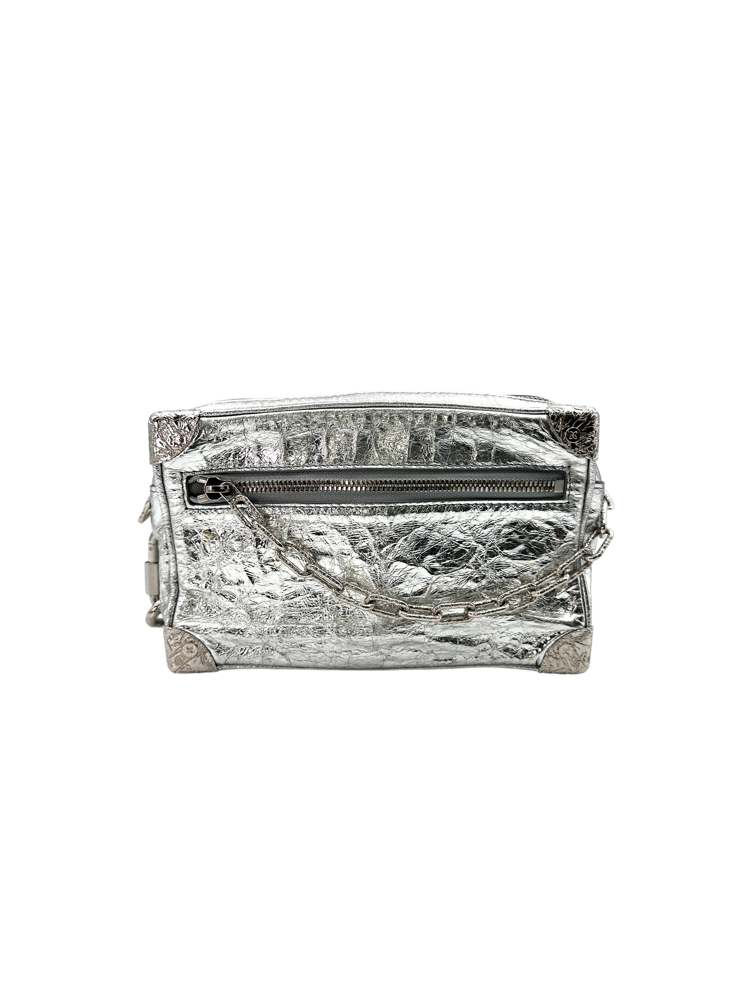 Louis Vuitton Soft Trunk Crushed Silver Metallic Leather Shoulder Bag LV2157