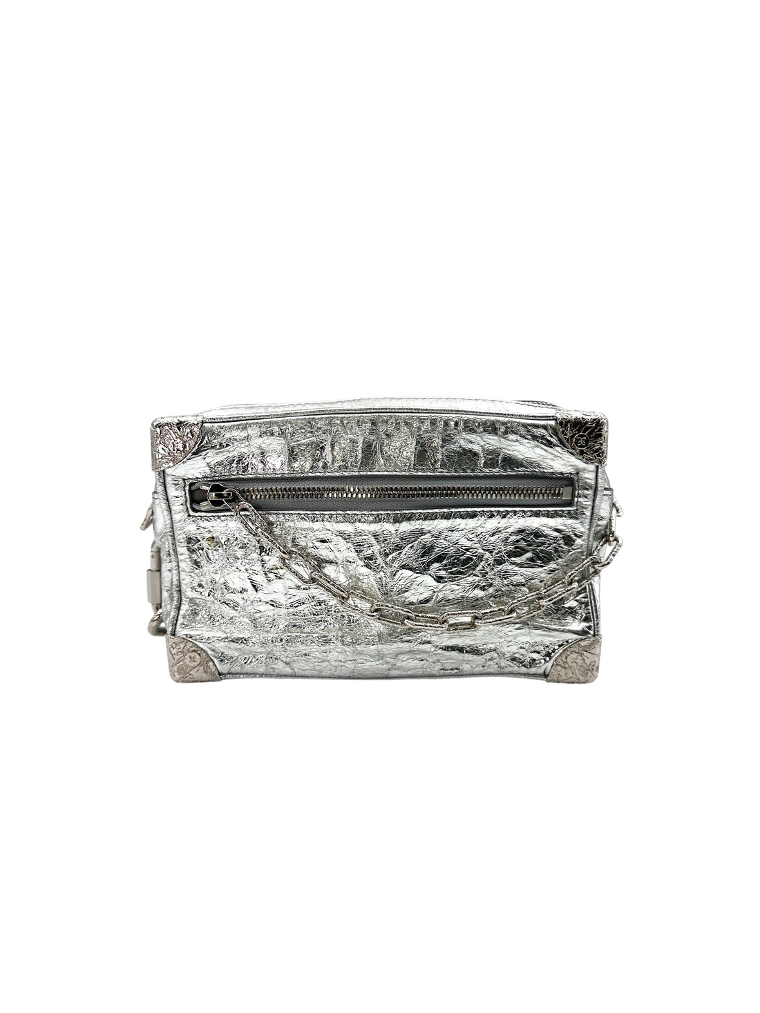 Louis Vuitton Soft Trunk Crushed Silver Metallic Leather Shoulder Bag LV2157