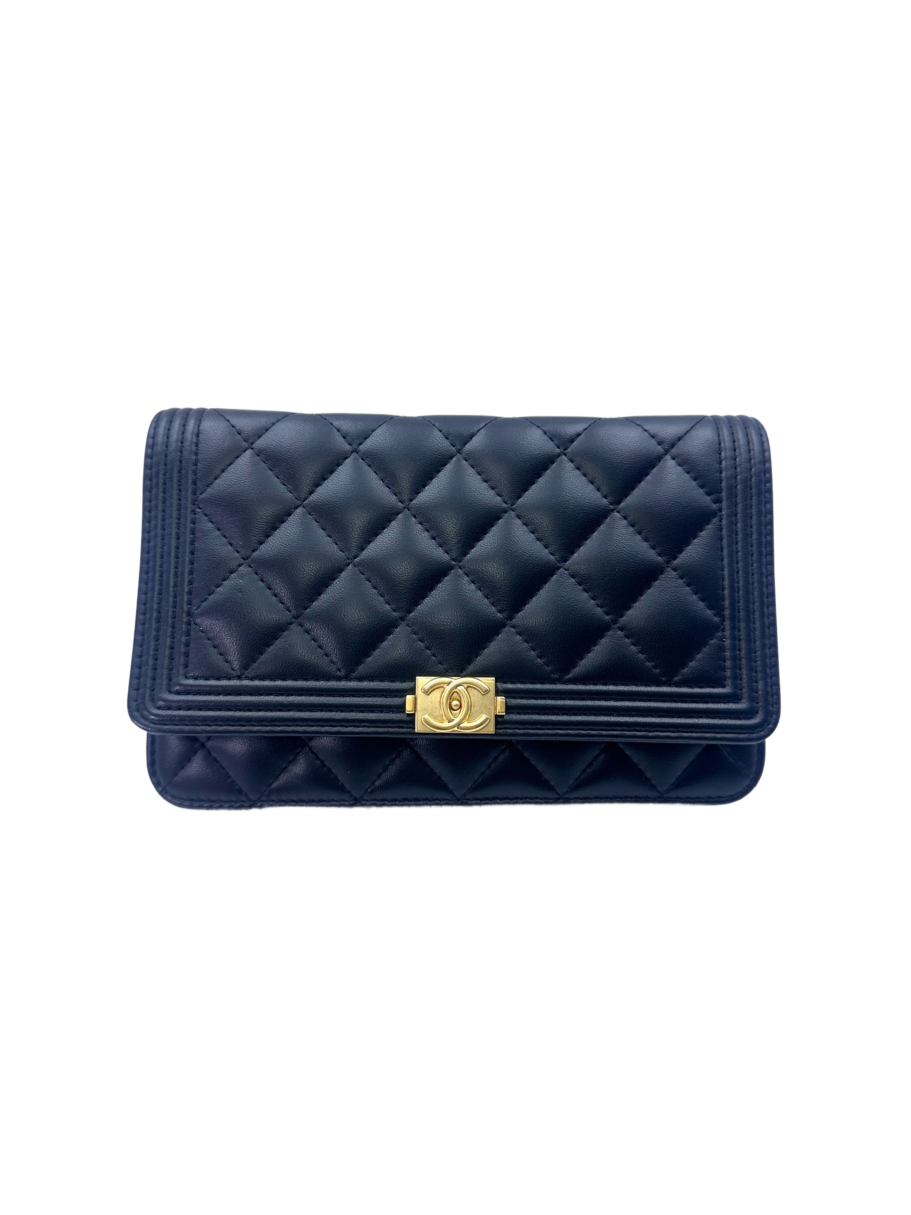 Chanel LeBoy Black Quilted Lambskin Wallet On Chain With Gold Buckle(22***99) CC1552
