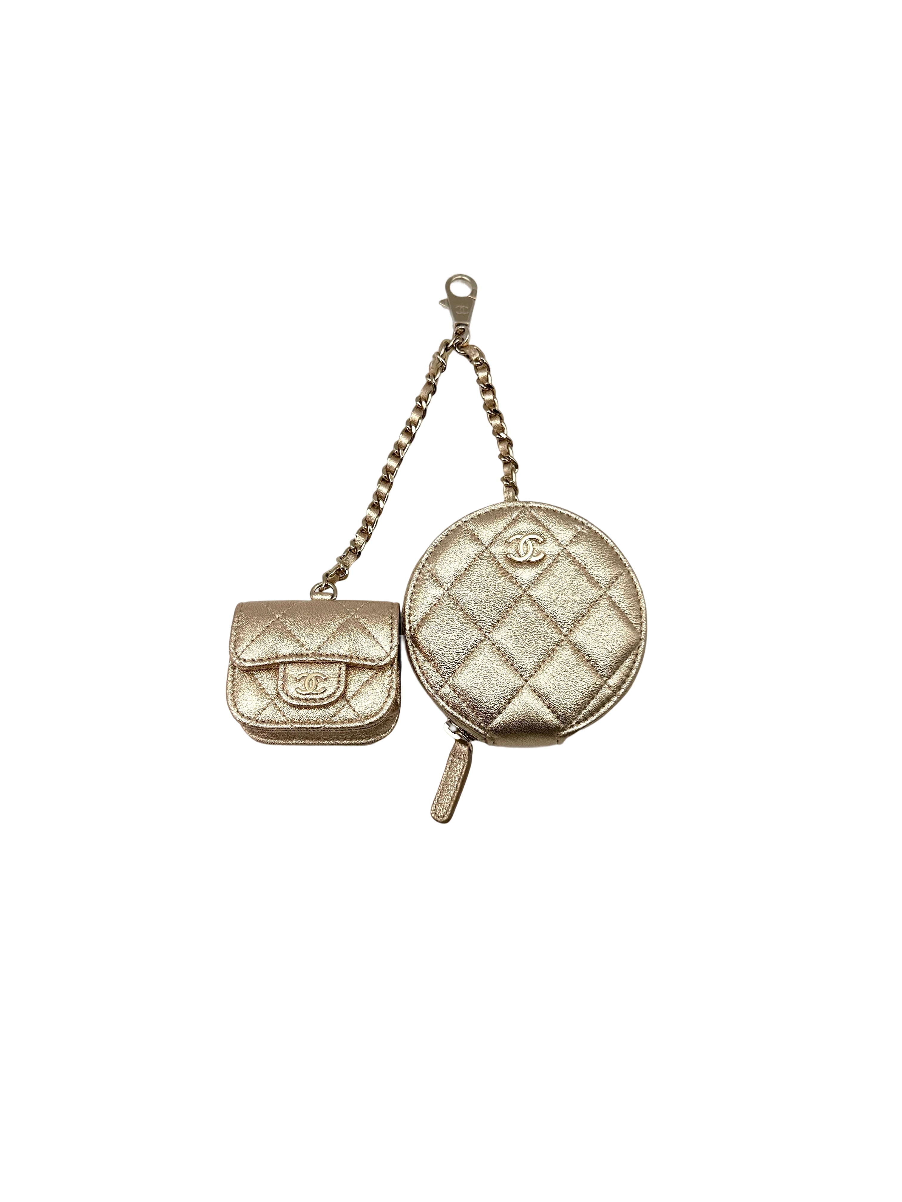 Chanel 2024 VIP Years Gift Gold Metallic Quilted Leather Round Pouch & AirPods Case Bag(N6***8E) CC1557