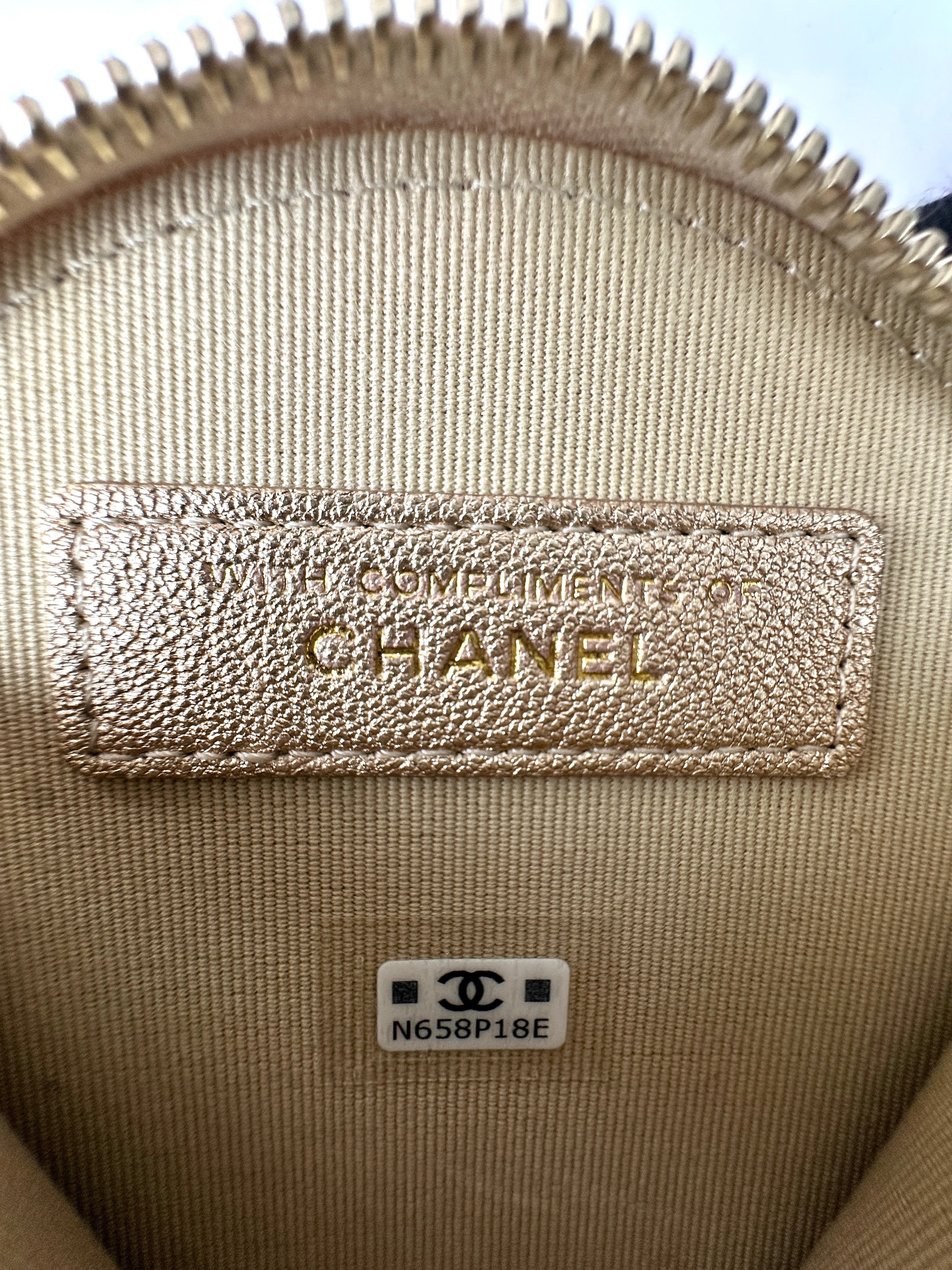 Chanel 2024 VIP Years Gift Gold Metallic Quilted Leather Round Pouch & AirPods Case Bag(N6***8E) CC1557