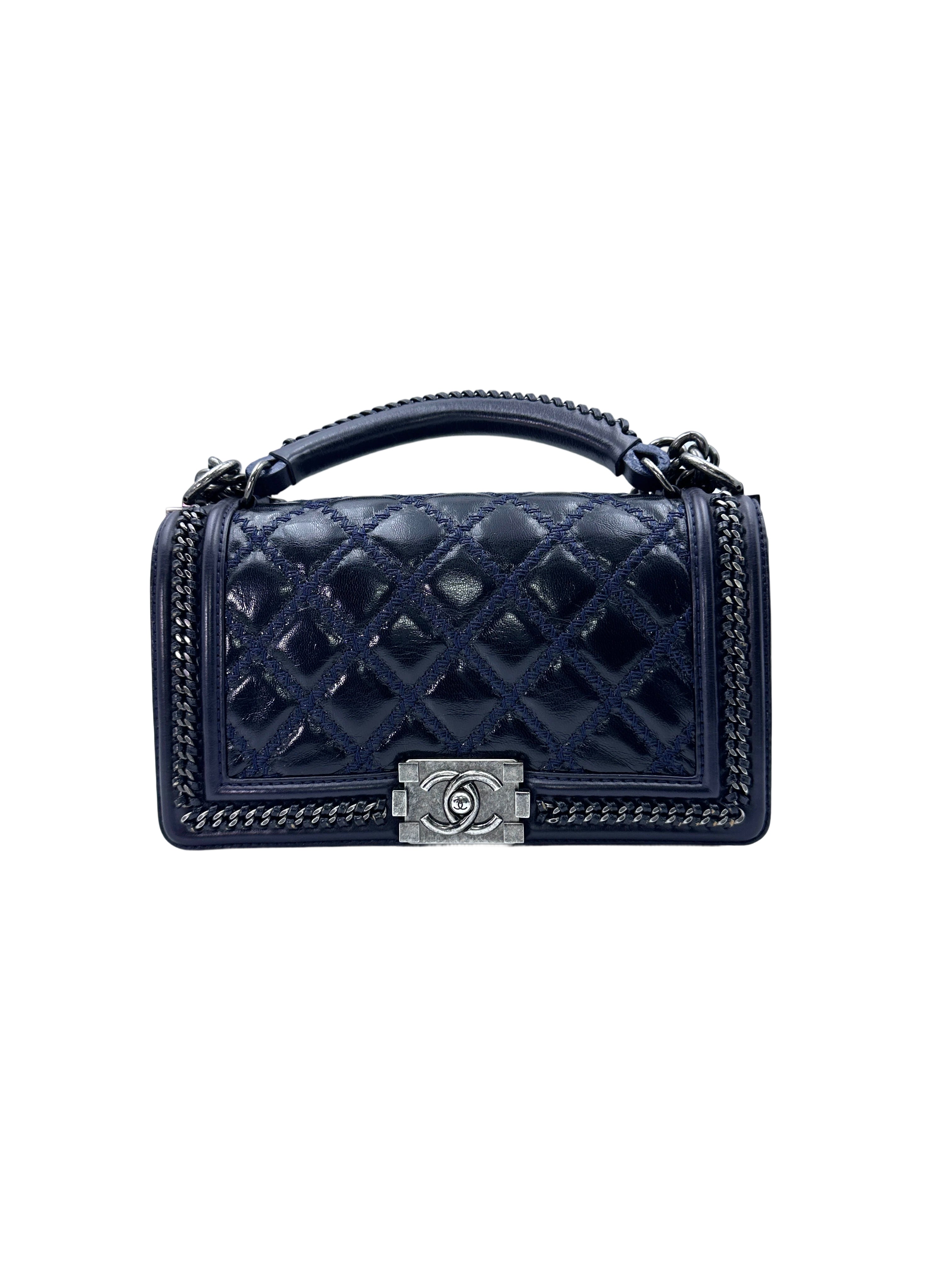 Chanel 15A LeBoy Navy Quilted Leather Top Handle Medium Size Flap Bag With Chain Trim(21***17) CC1558