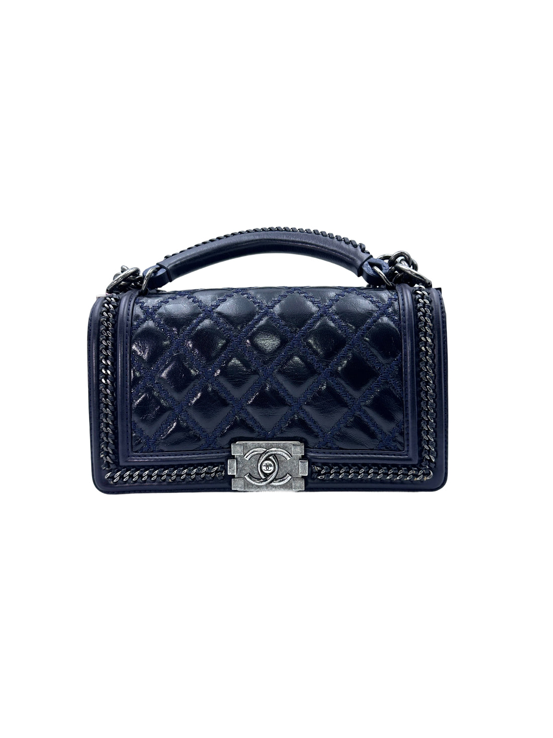 Chanel 15A LeBoy Navy Quilted Leather Top Handle Medium Size Flap Bag With Chain Trim(21***17) CC1558