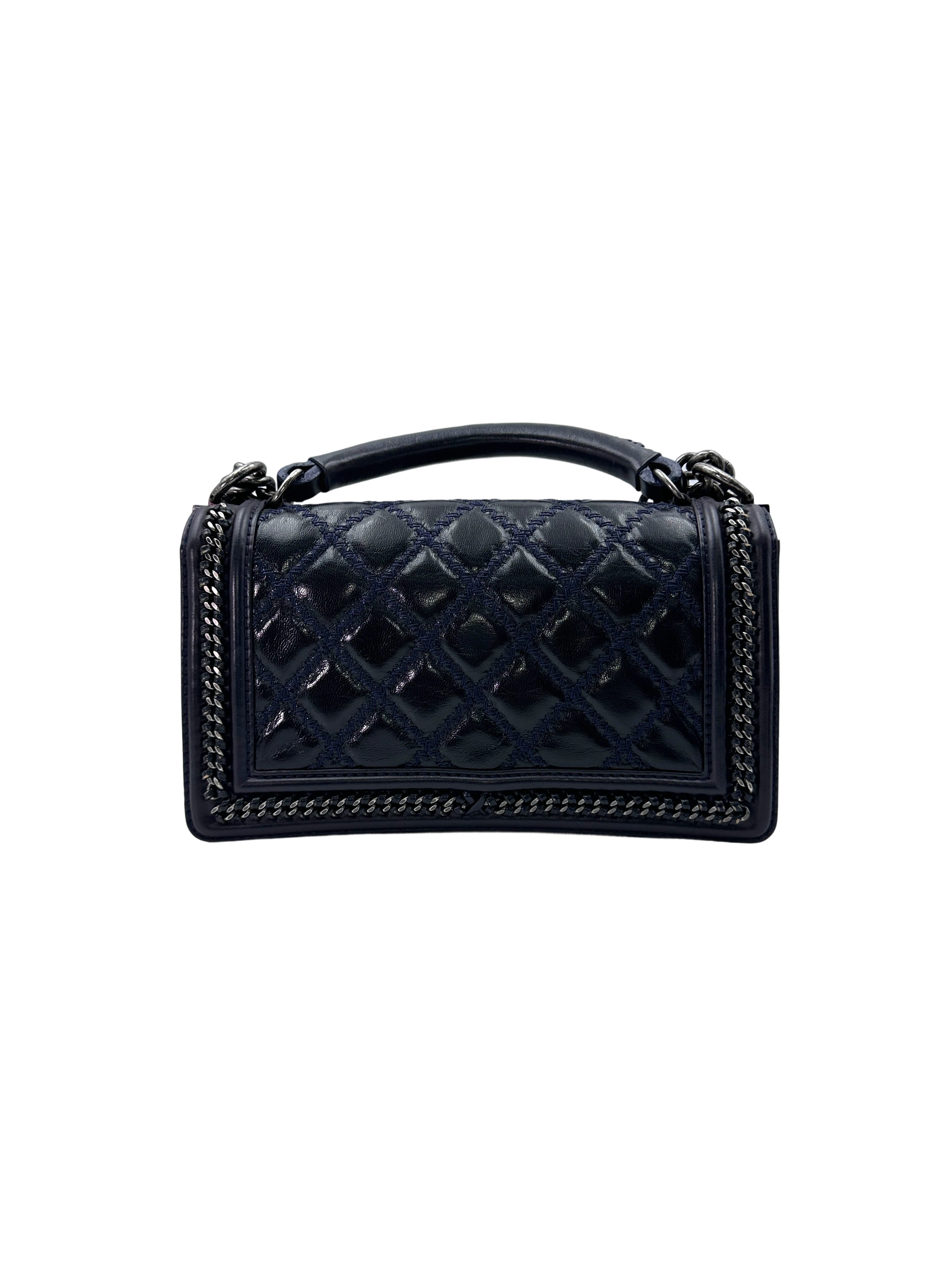Chanel 15A LeBoy Navy Quilted Leather Top Handle Medium Size Flap Bag With Chain Trim(21***17) CC1558