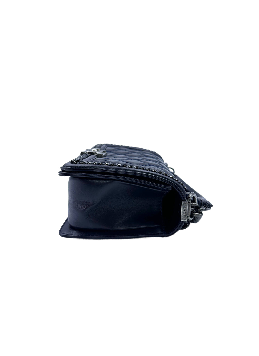 Chanel 15A LeBoy Navy Quilted Leather Top Handle Medium Size Flap Bag With Chain Trim(21***17) CC1558