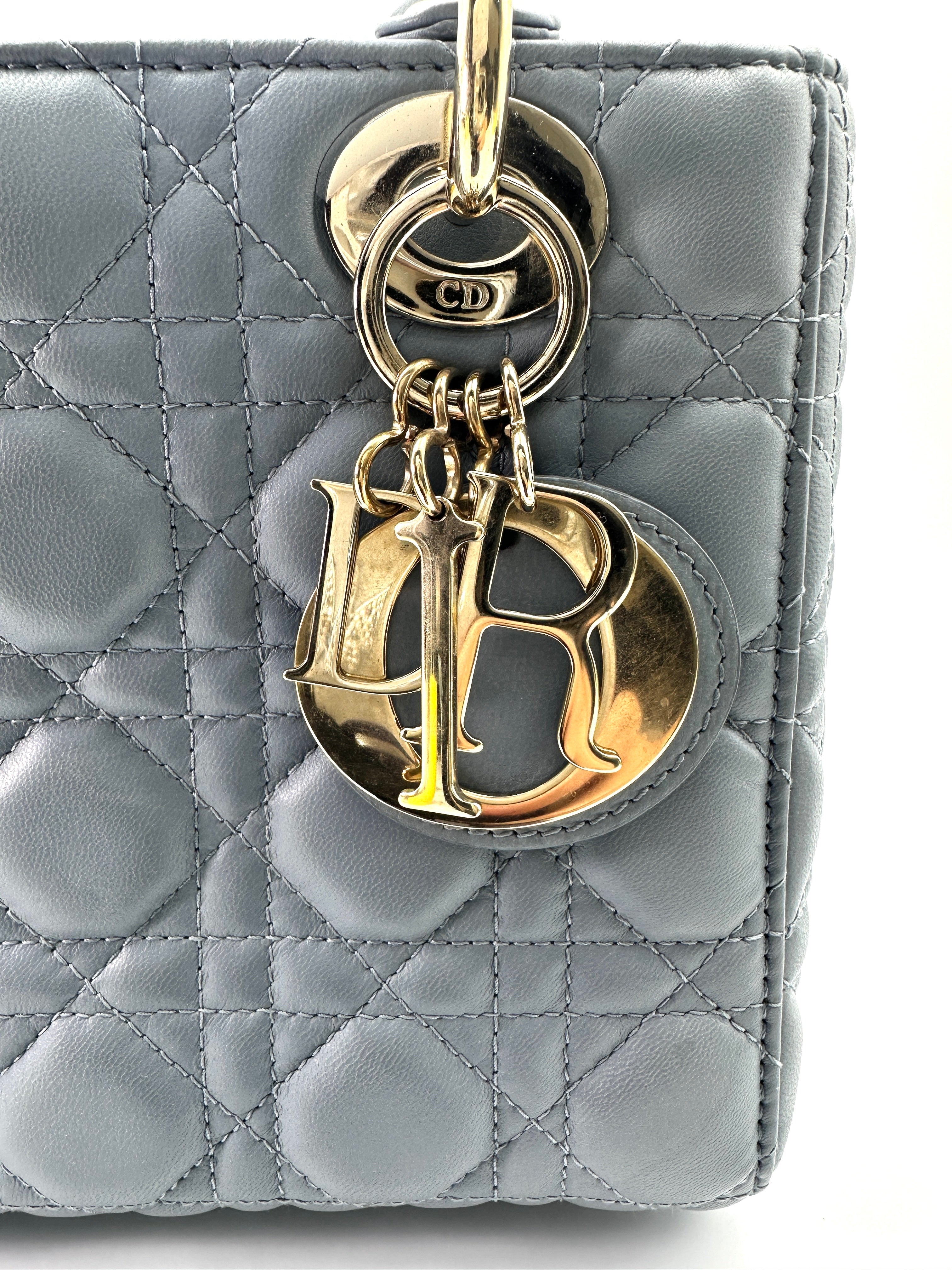 Christian Dior Lady Dior Blue Cannage Leather Handle Bag With Gold Charms DR567