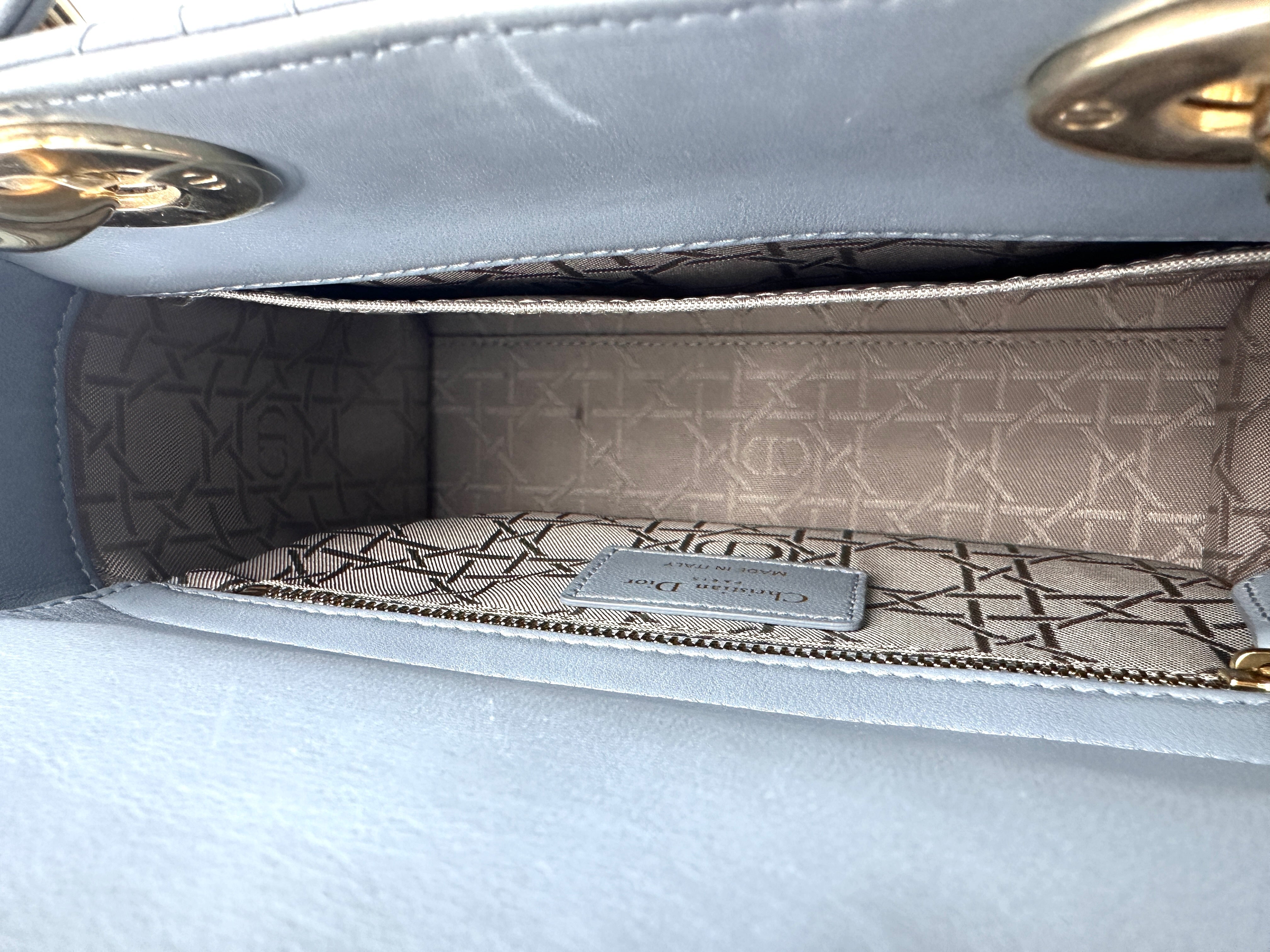 Christian Dior Lady Dior Blue Cannage Leather Handle Bag With Gold Charms DR567