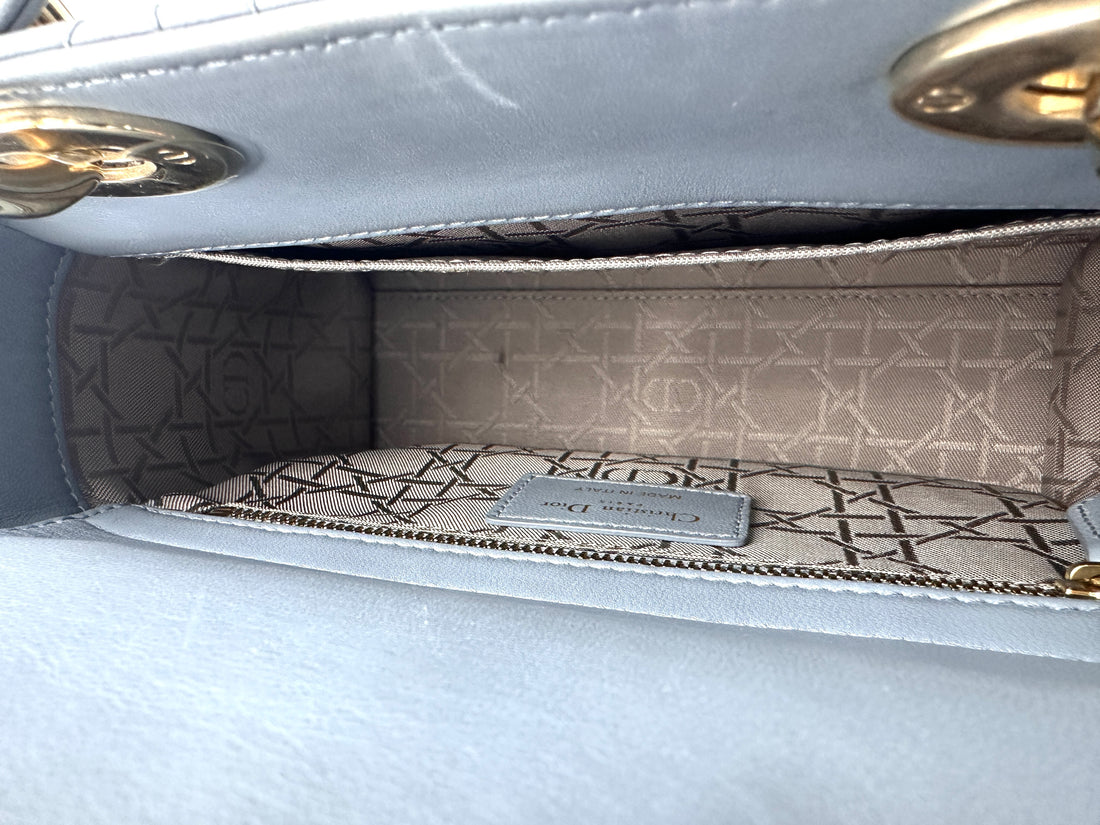 Christian Dior Lady Dior Blue Cannage Leather Handle Bag With Gold Charms DR567