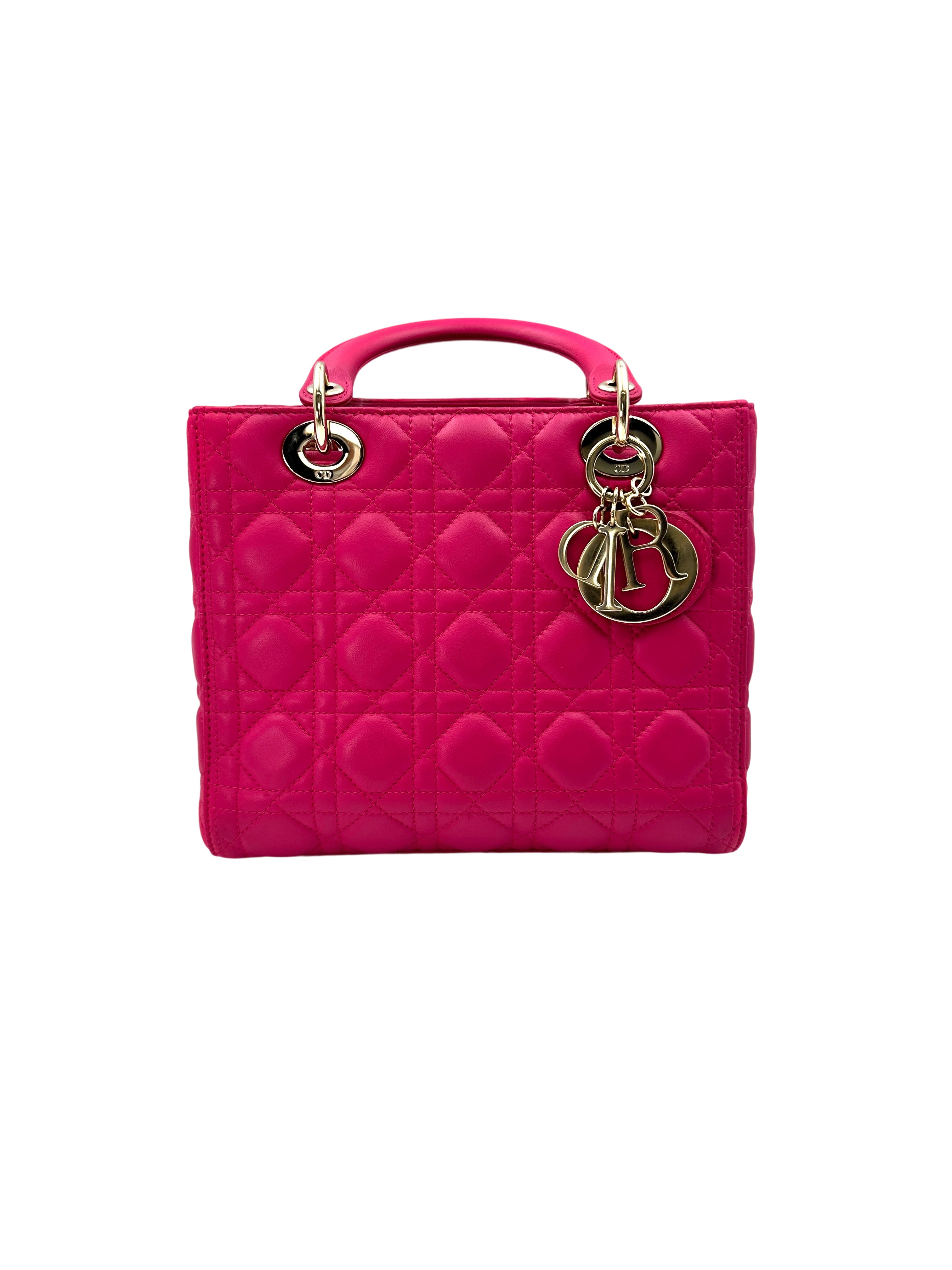 Christian Dior Lady Dior Pink Cannage Leather Handle Bag With Gold Charms DR569