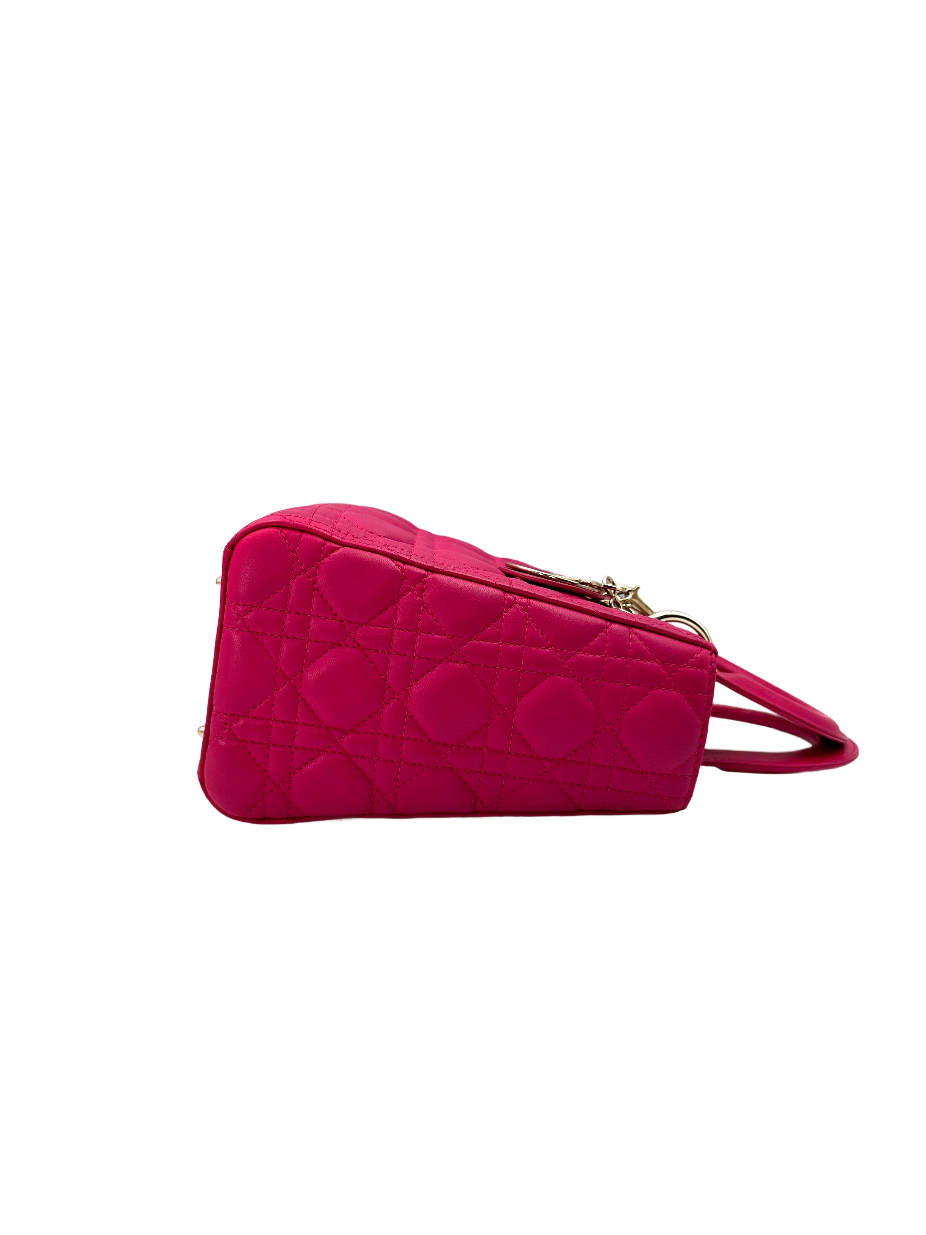 Christian Dior Lady Dior Pink Cannage Leather Handle Bag With Gold Charms DR569