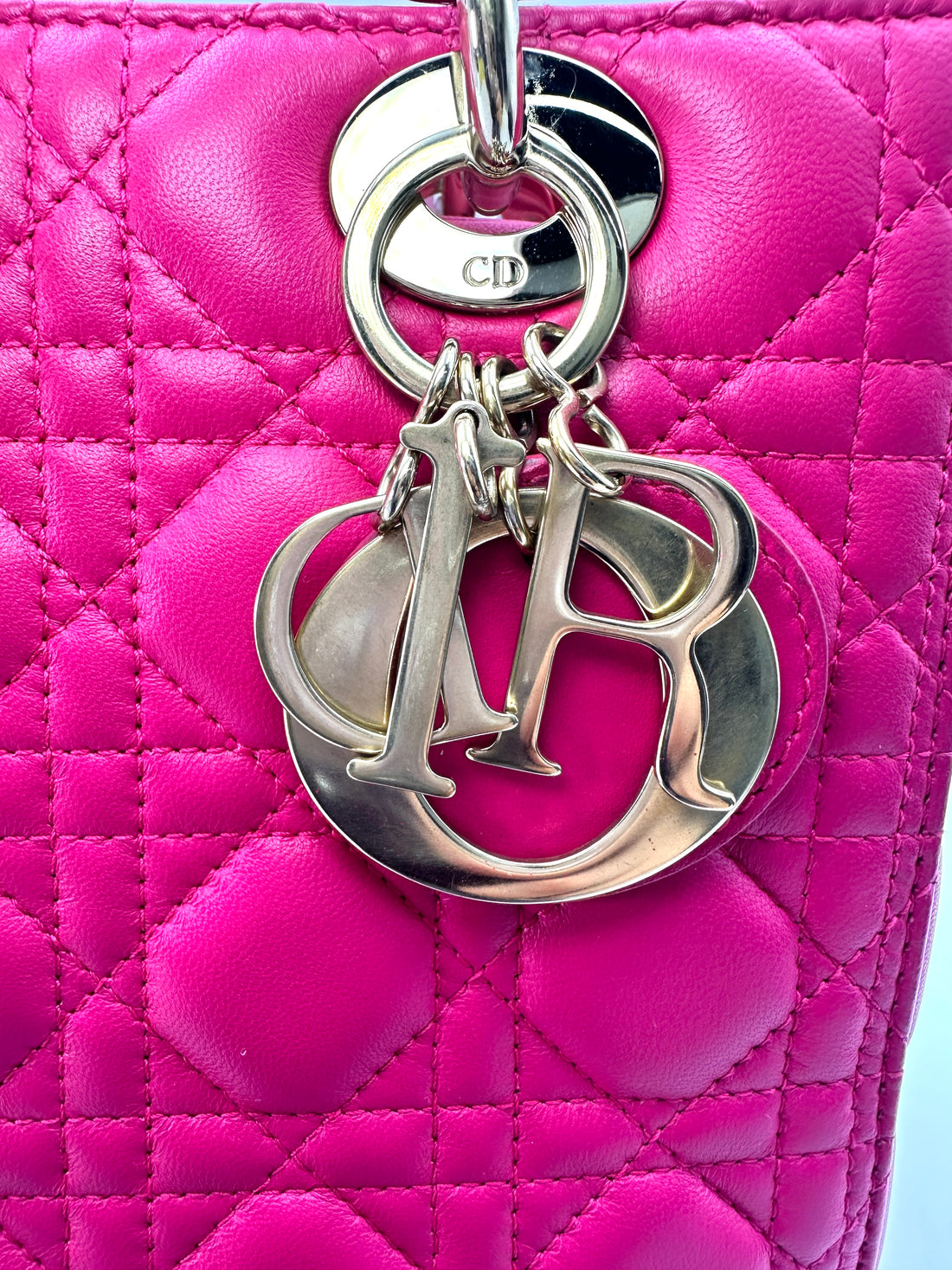 Christian Dior Lady Dior Pink Cannage Leather Handle Bag With Gold Charms DR569