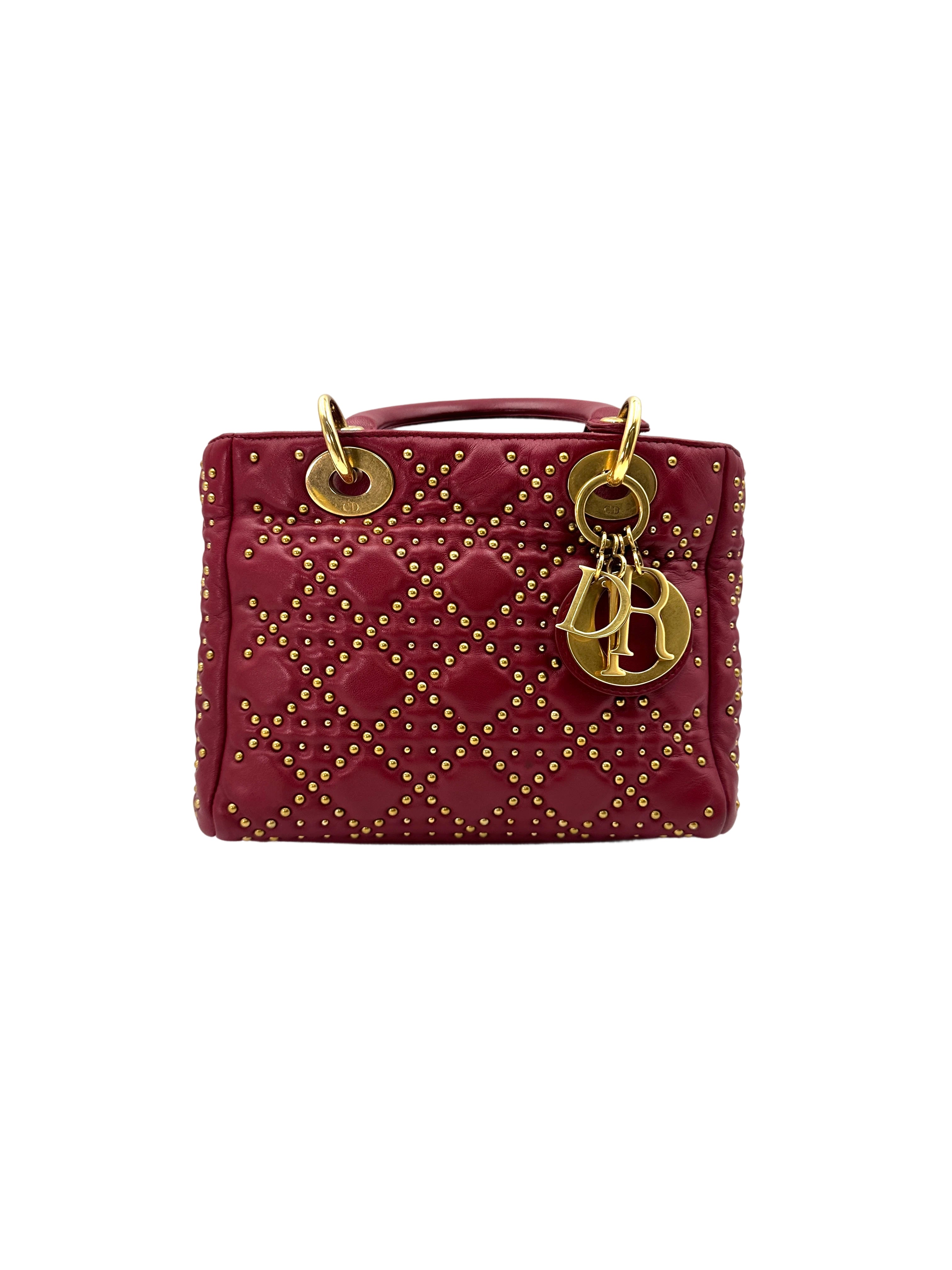 Christian Dior Lady Dior Red Cannage Leather Handle Bag With Gold Charms DR568