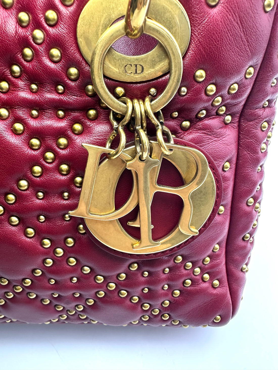Christian Dior Lady Dior Red Cannage Leather Handle Bag With Gold Charms DR568