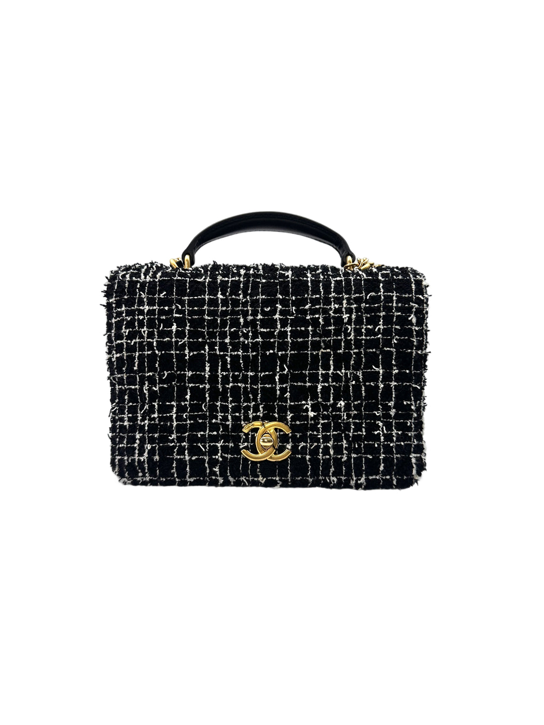 Chanel Black/White Tweed Top Handle Flap Bag With Gold Buckle(JC***J1) IRIS079