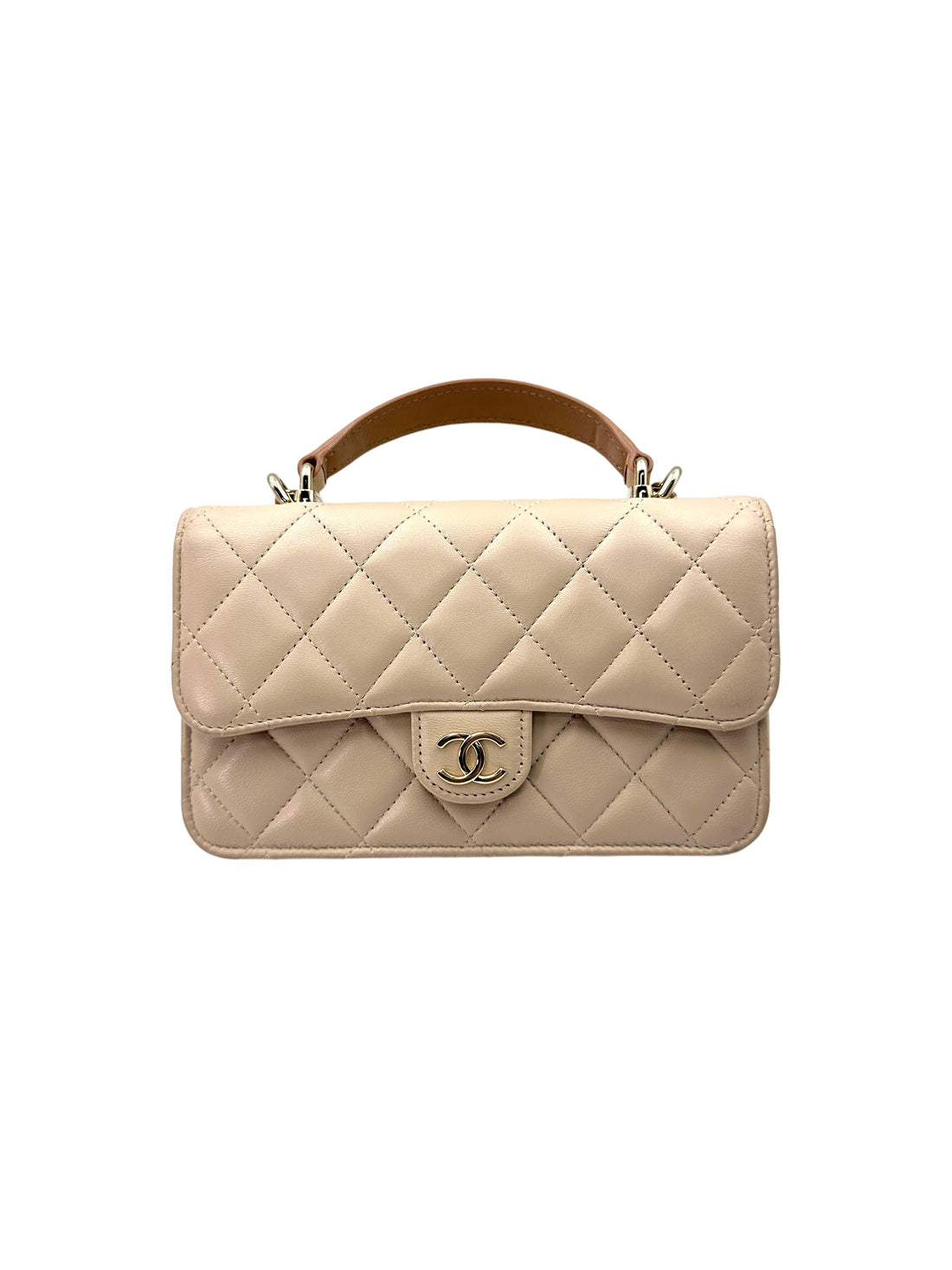 Chanel Classic Beige Quilted Lambskin Top Handle Flap Bag(C6***P7) IRIS080