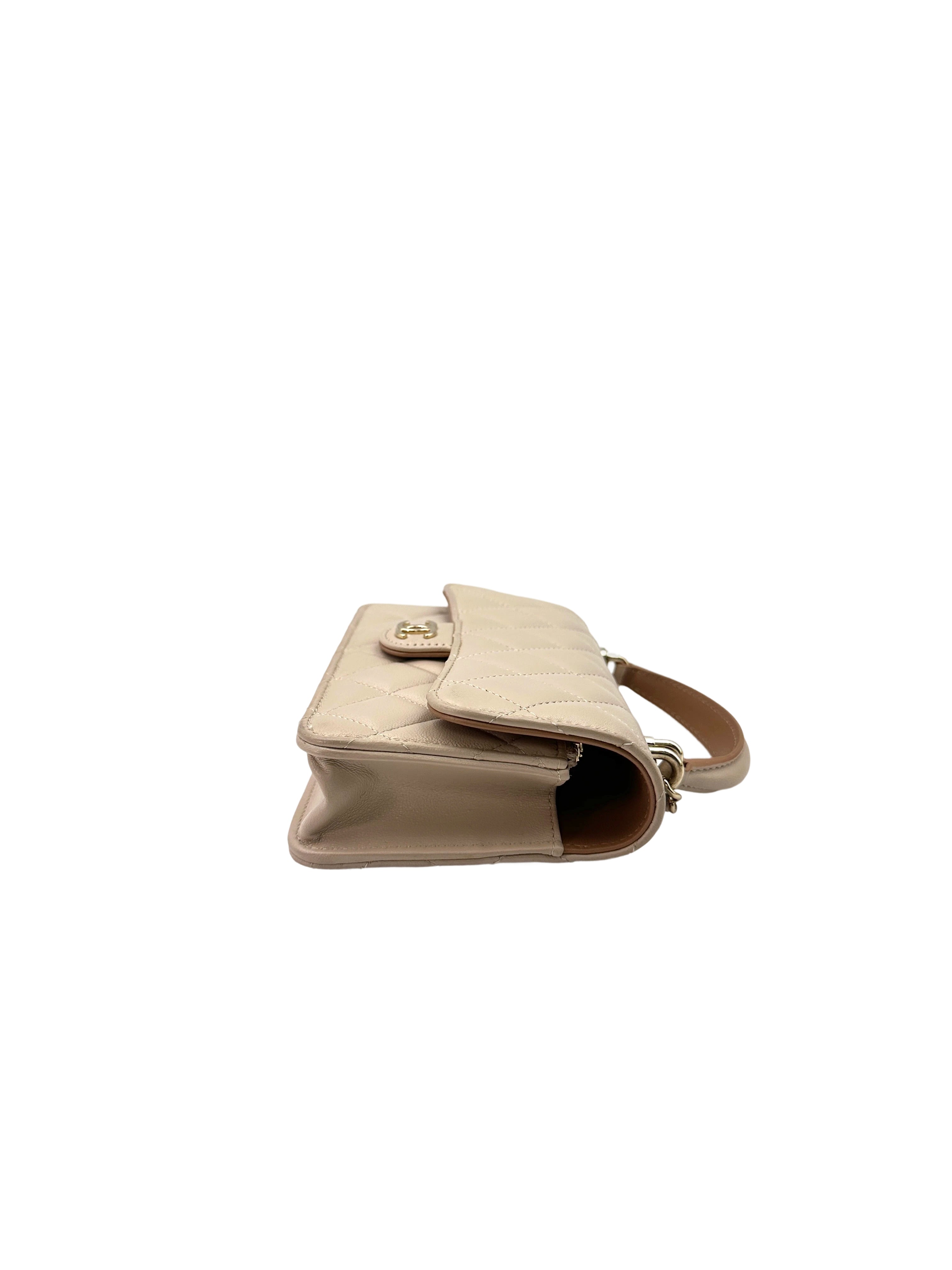 Chanel Classic Beige Quilted Lambskin Top Handle Flap Bag(C6***P7) IRIS080