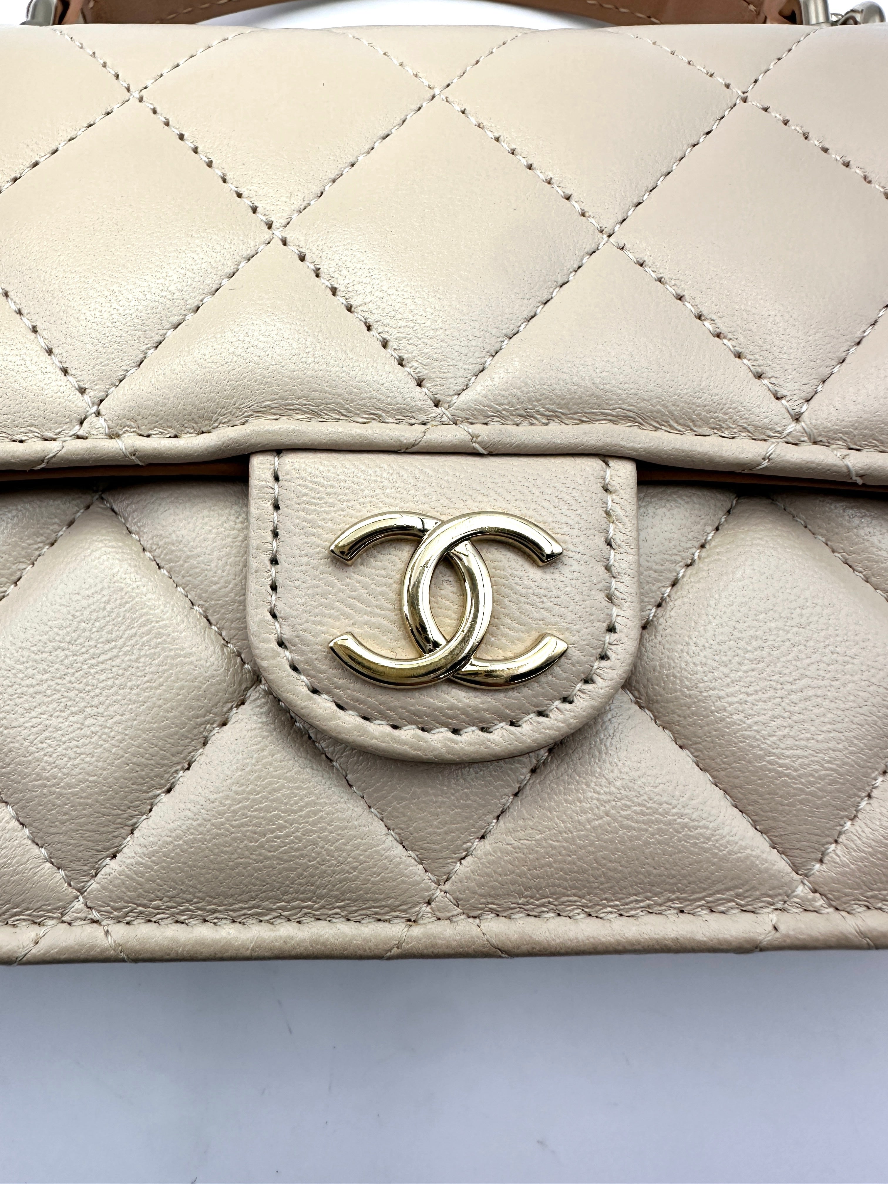 Chanel Classic Beige Quilted Lambskin Top Handle Flap Bag(C6***P7) IRIS080