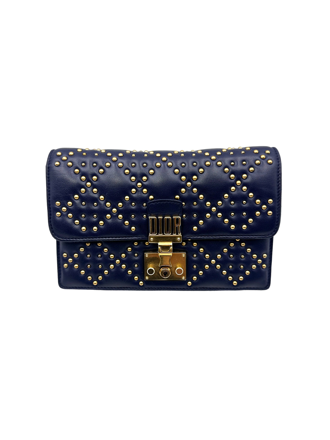 Christian Dior DiorAddict Navy Studded Cannage Leather Wallet On Chain With Gold Hardware DR572