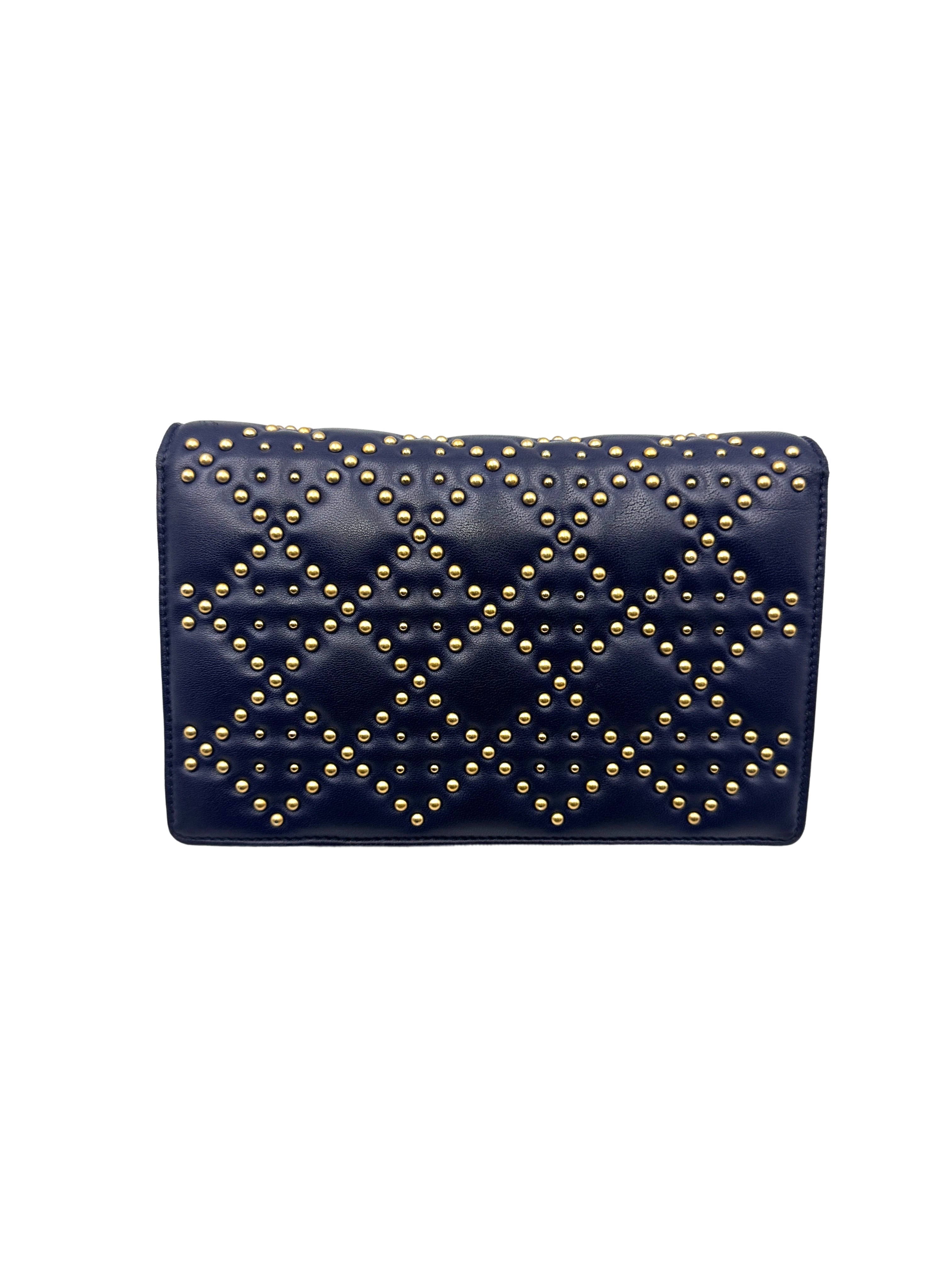 Christian Dior DiorAddict Navy Studded Cannage Leather Wallet On Chain With Gold Hardware DR572