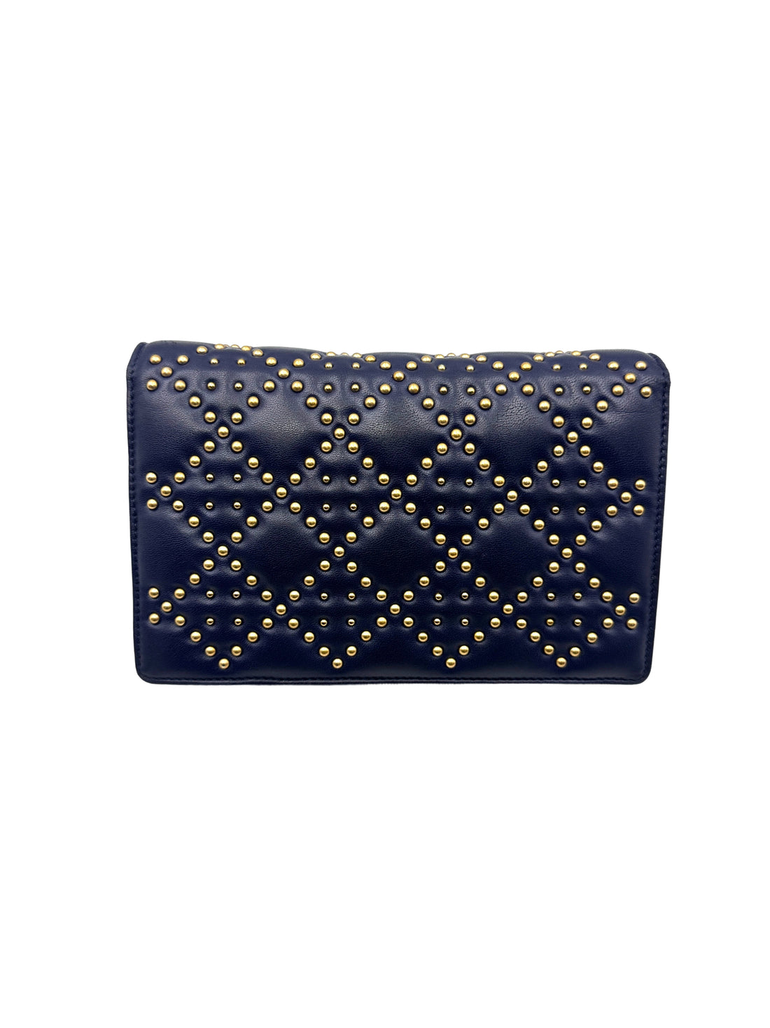 Christian Dior DiorAddict Navy Studded Cannage Leather Wallet On Chain With Gold Hardware DR572