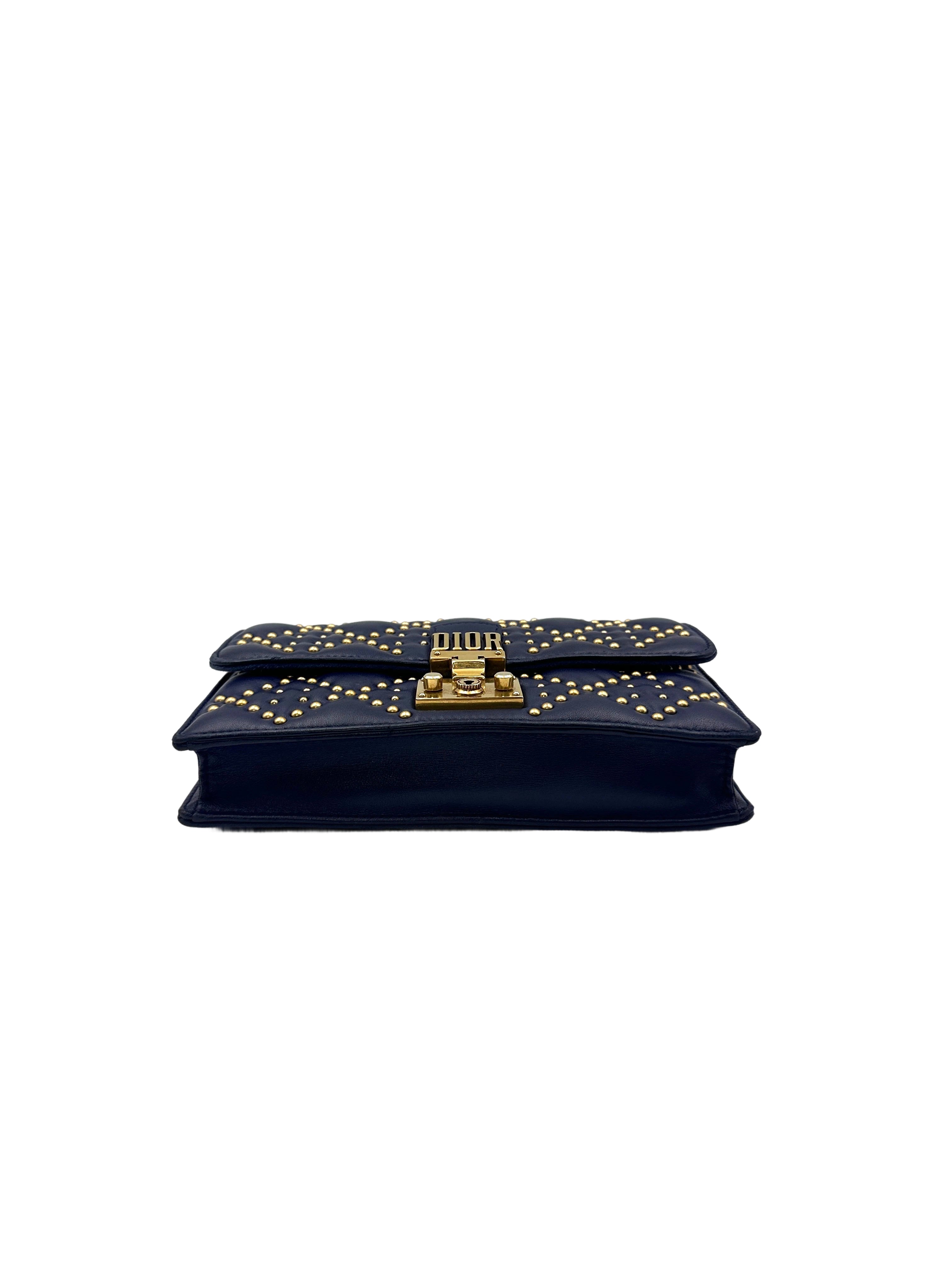 Christian Dior DiorAddict Navy Studded Cannage Leather Wallet On Chain With Gold Hardware DR572