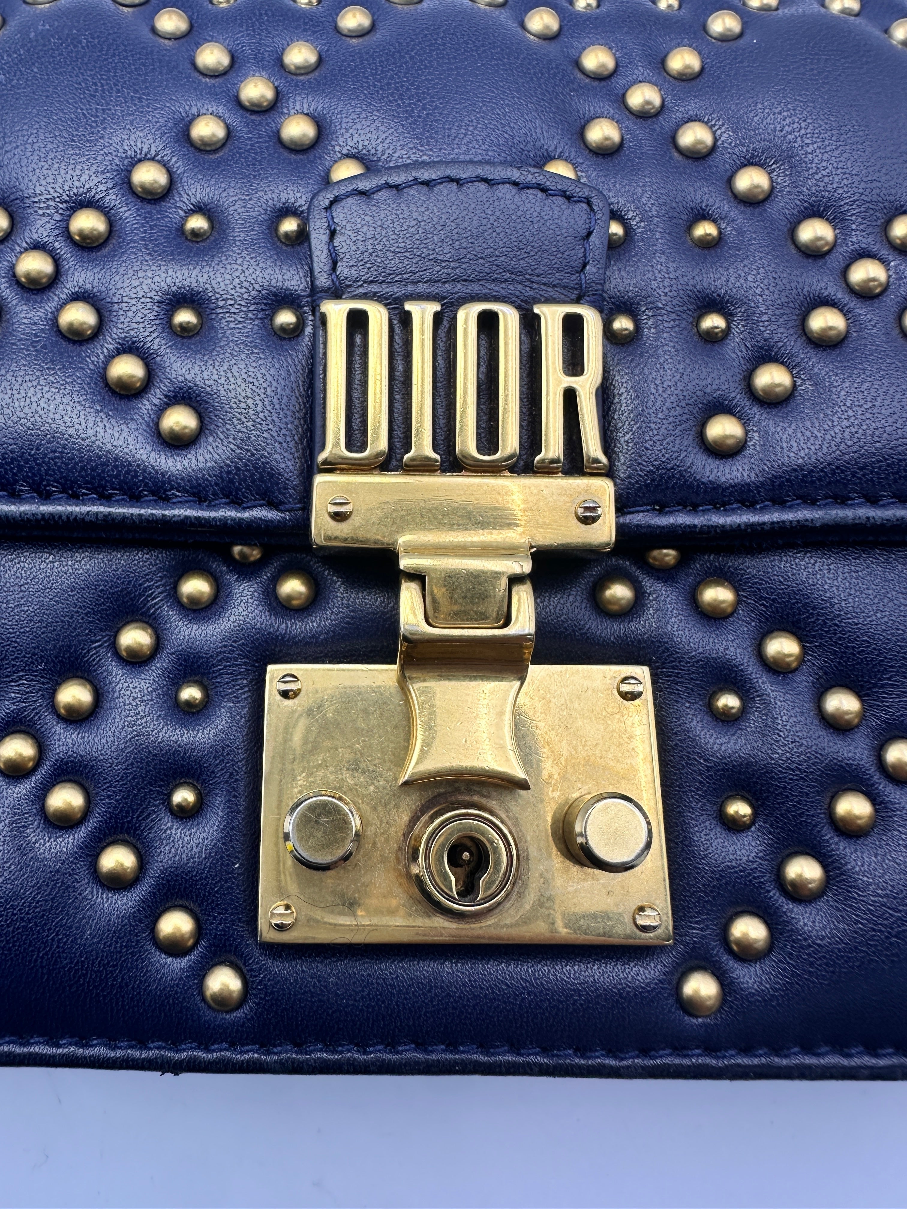 Christian Dior DiorAddict Navy Studded Cannage Leather Wallet On Chain With Gold Hardware DR572