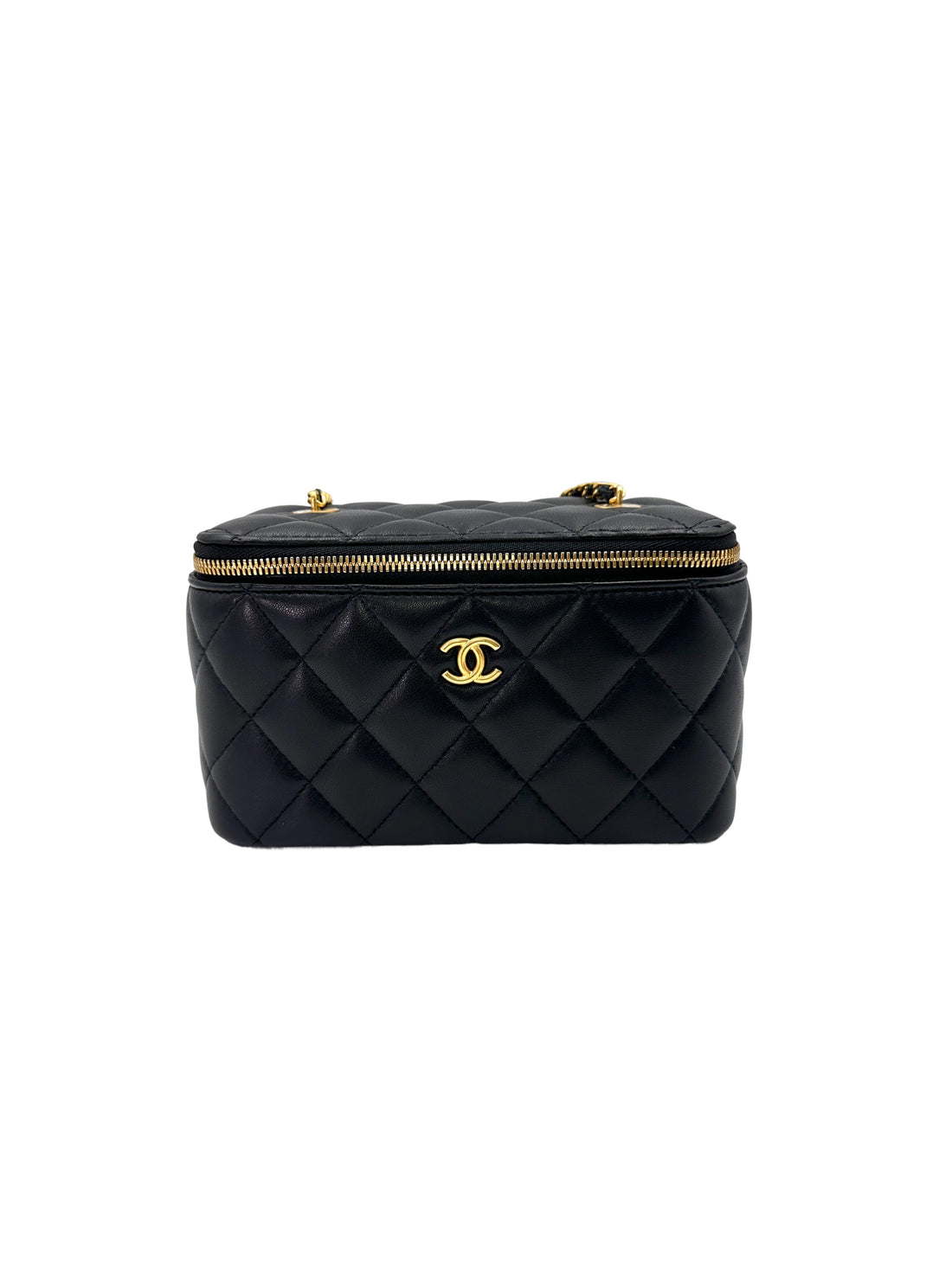 Chanel Black Quilted Leather Vanity Case With Gold Charms Chain(K8***N4) IRIS082