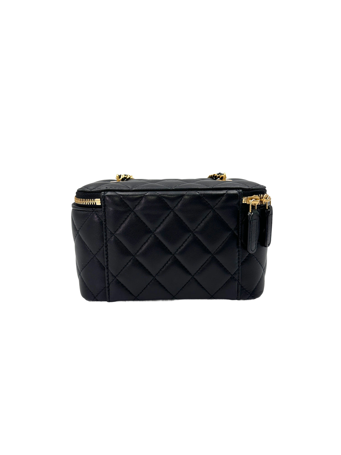 Chanel Black Quilted Leather Vanity Case With Gold Charms Chain(K8***N4) IRIS082