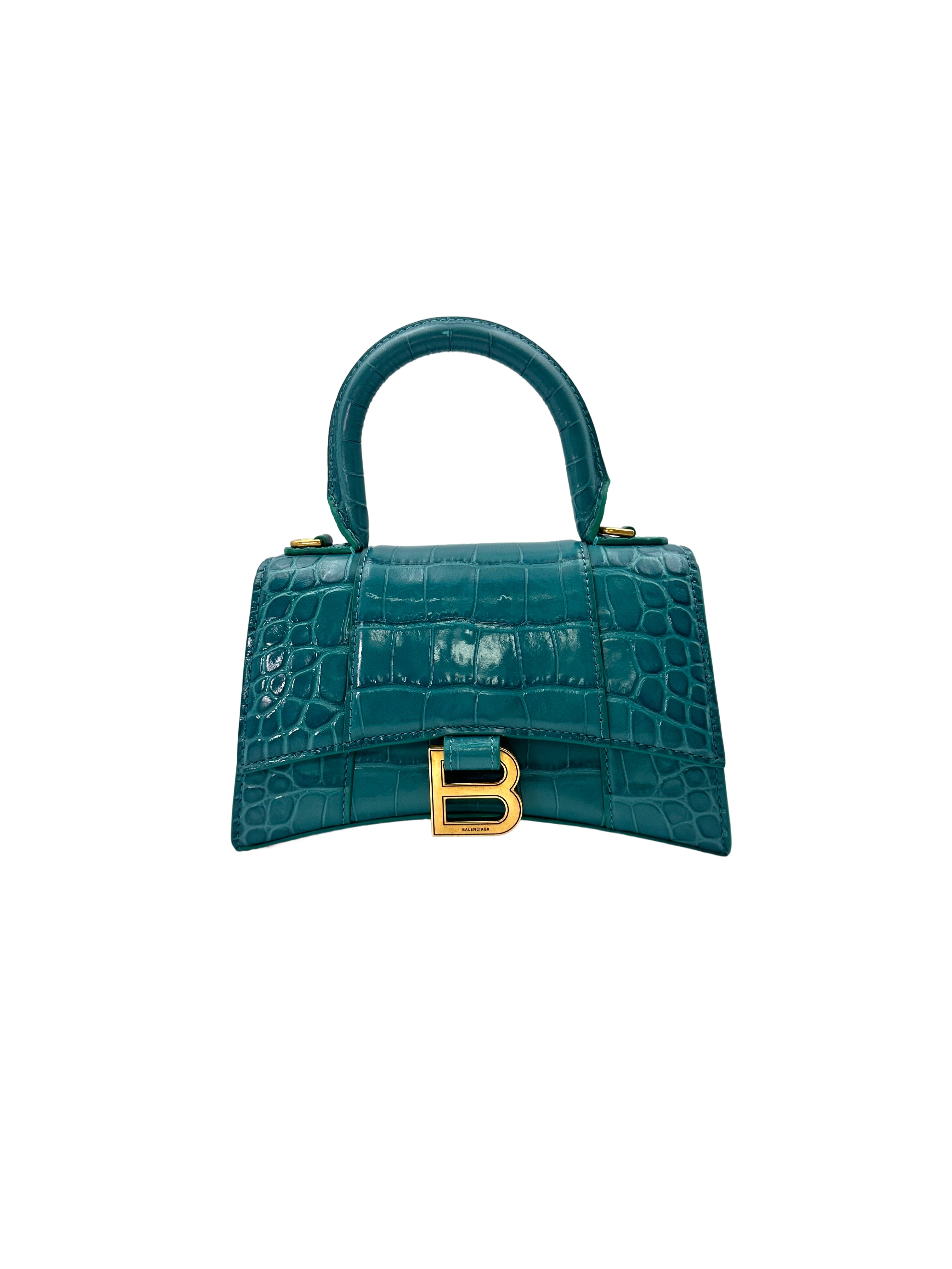 Balenciaga Hourglass Blue Crocodile-Embossed Top Handle Bag BS33