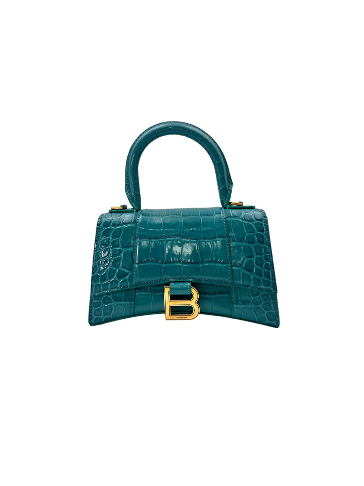 Balenciaga Hourglass Blue Crocodile-Embossed Top Handle Bag BS33