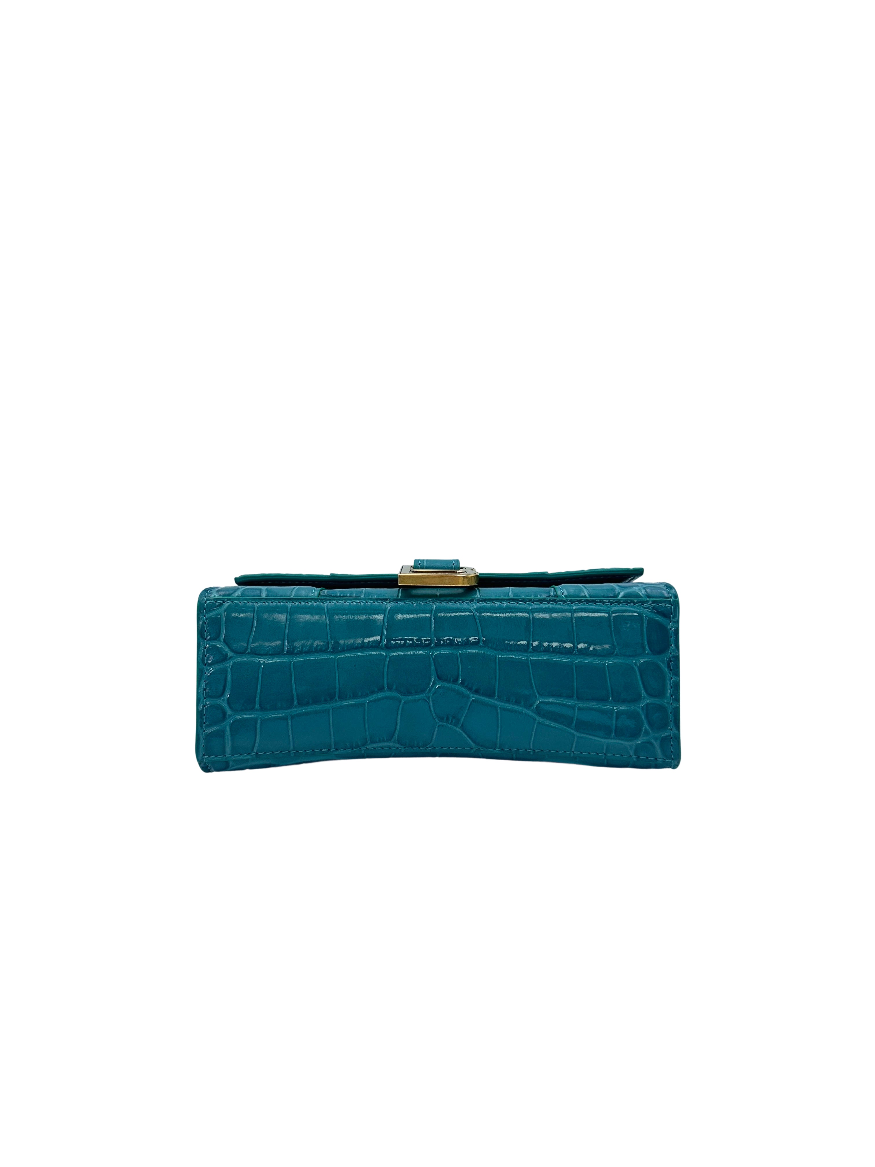Balenciaga Hourglass Blue Crocodile-Embossed Top Handle Bag BS33