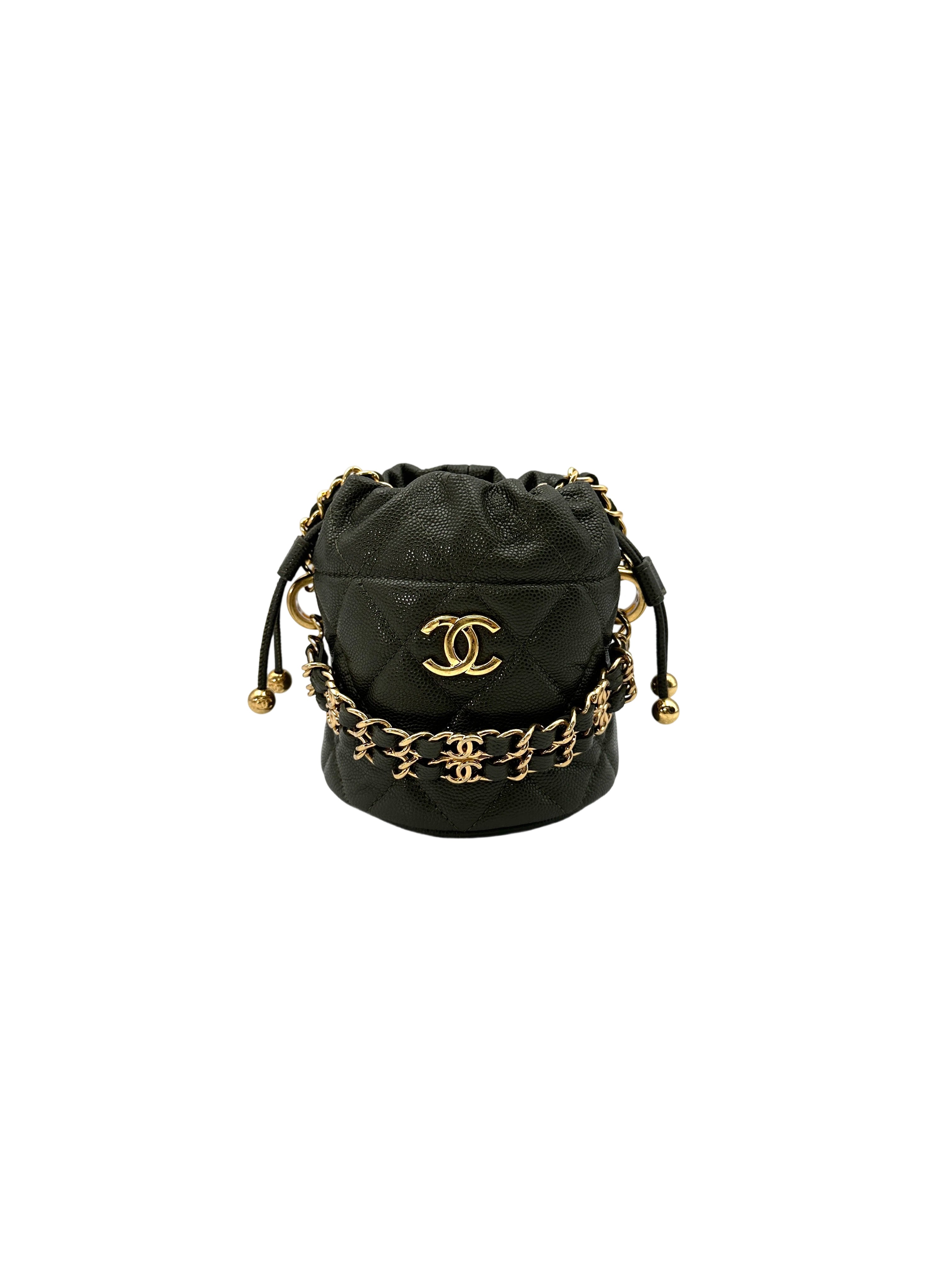 Chanel Green Quilted Calfskin Medallion Charms Drawstring Bucket Bag(CG***2H) CC1572