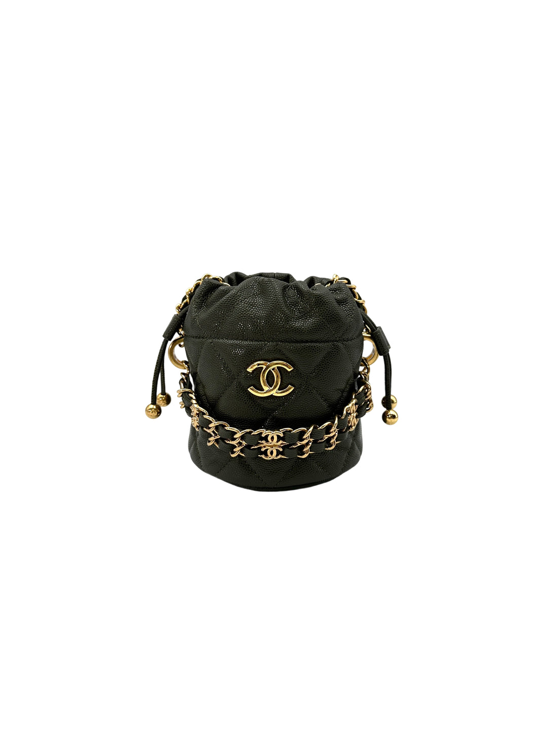 Chanel Green Quilted Calfskin Medallion Charms Drawstring Bucket Bag(CG***2H) CC1572